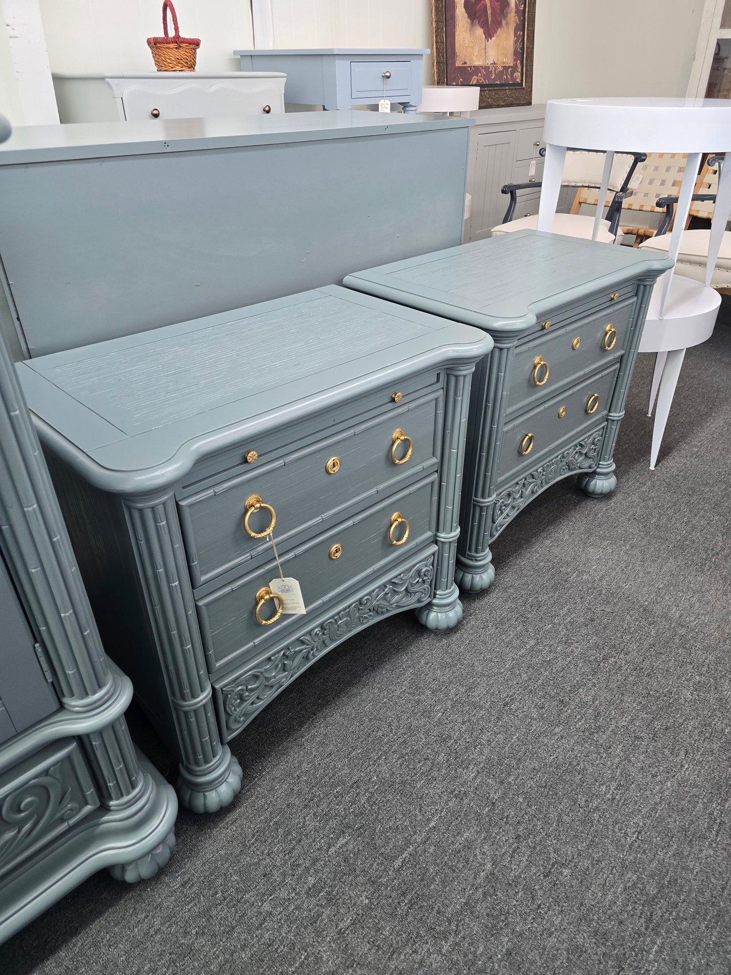 Broyhill bamboo green gray lacquered pair of nightstands