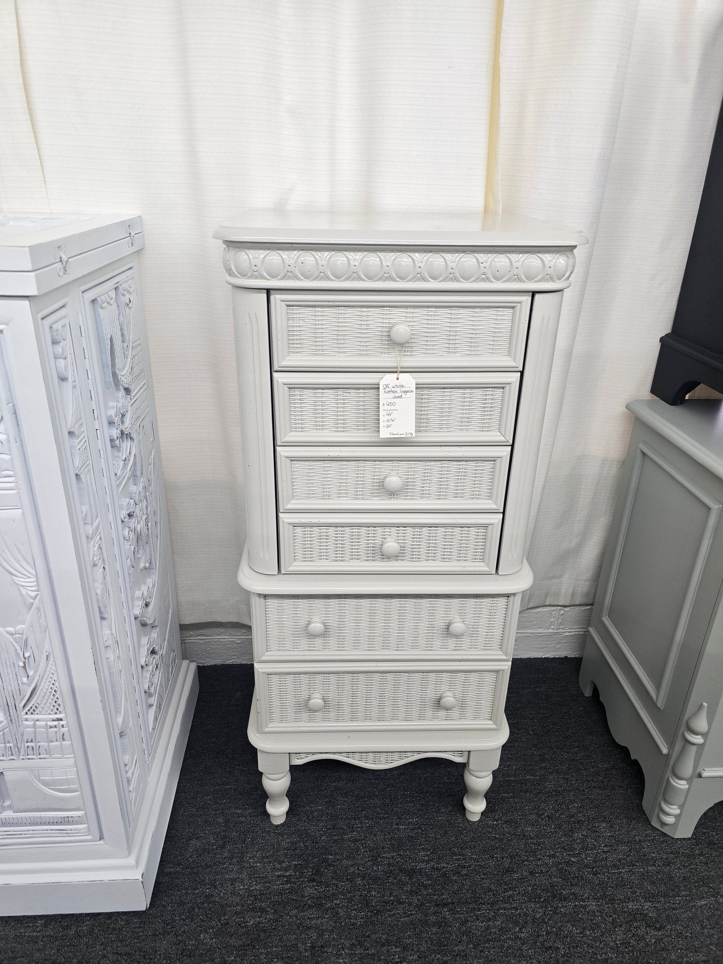 Off white lacquered rattan lingerie chest