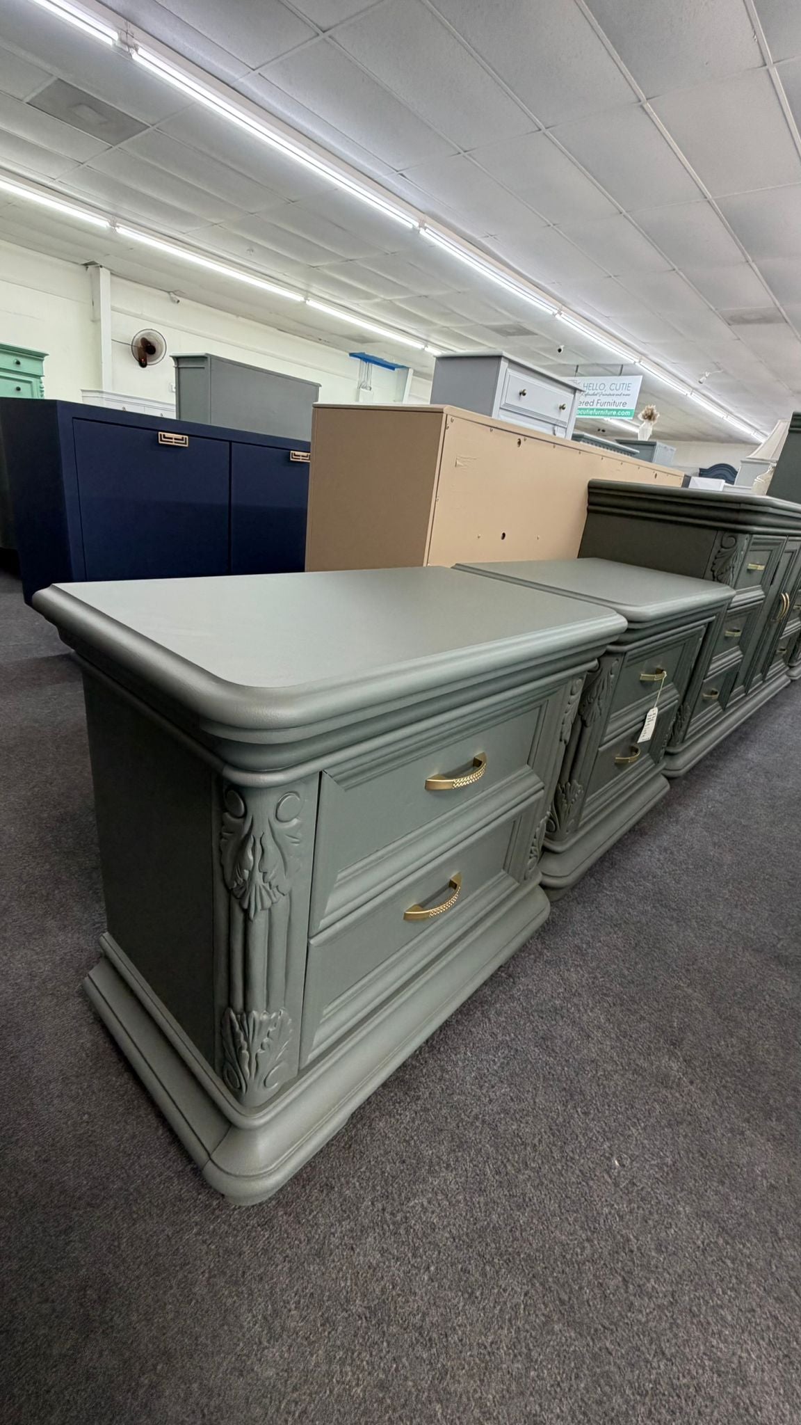 Pewter green pair of nightstands