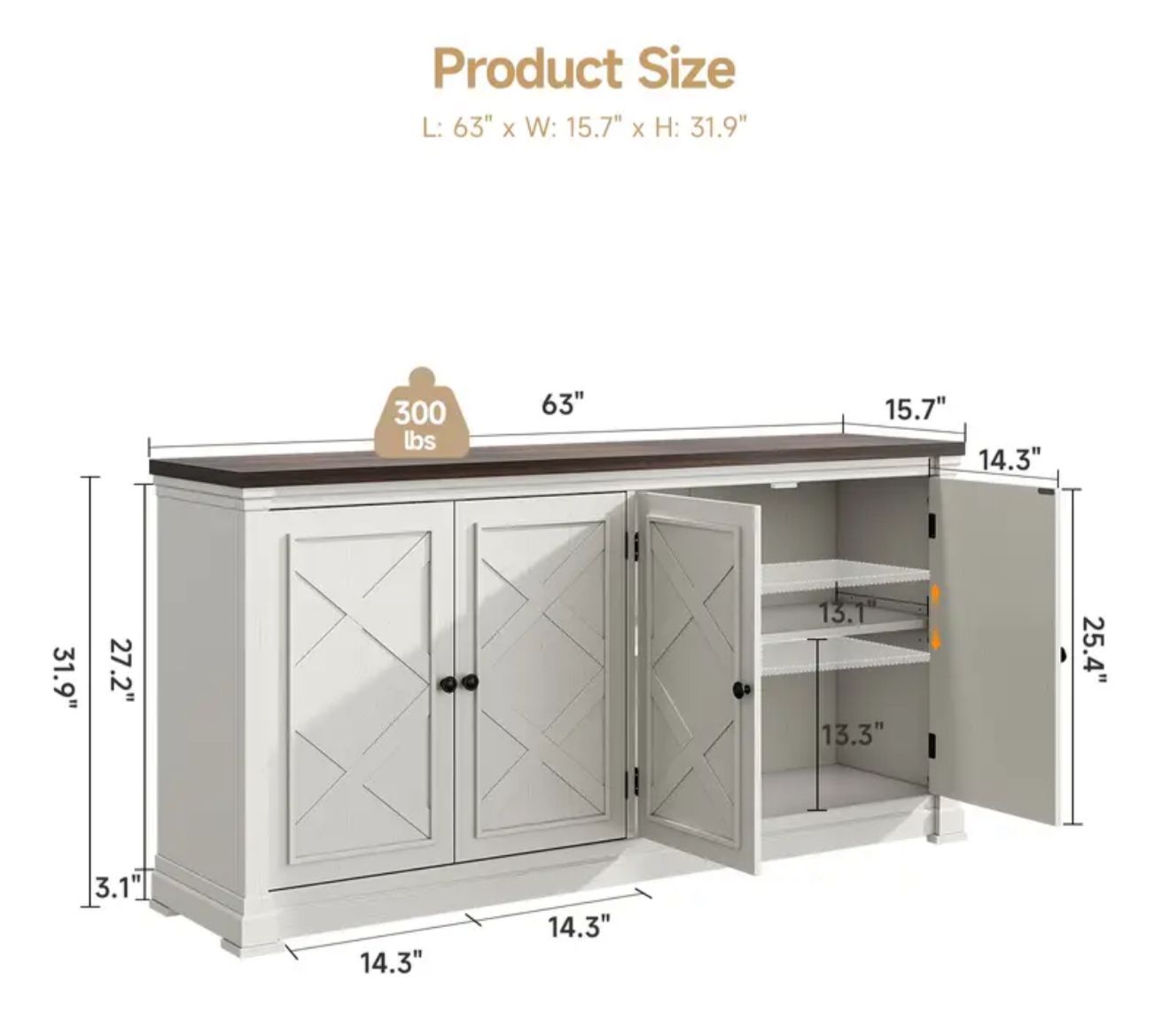 White and black 63" farmhouse cabinet- new