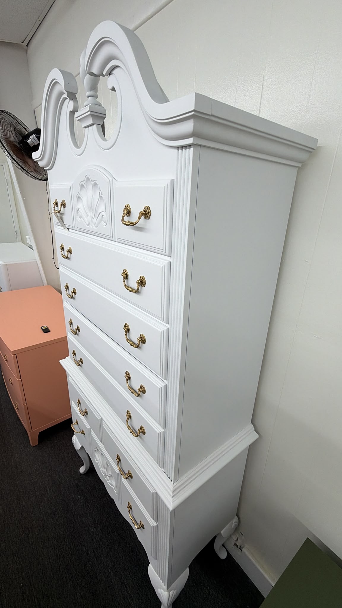 Vintage white lacquered bonnet chest