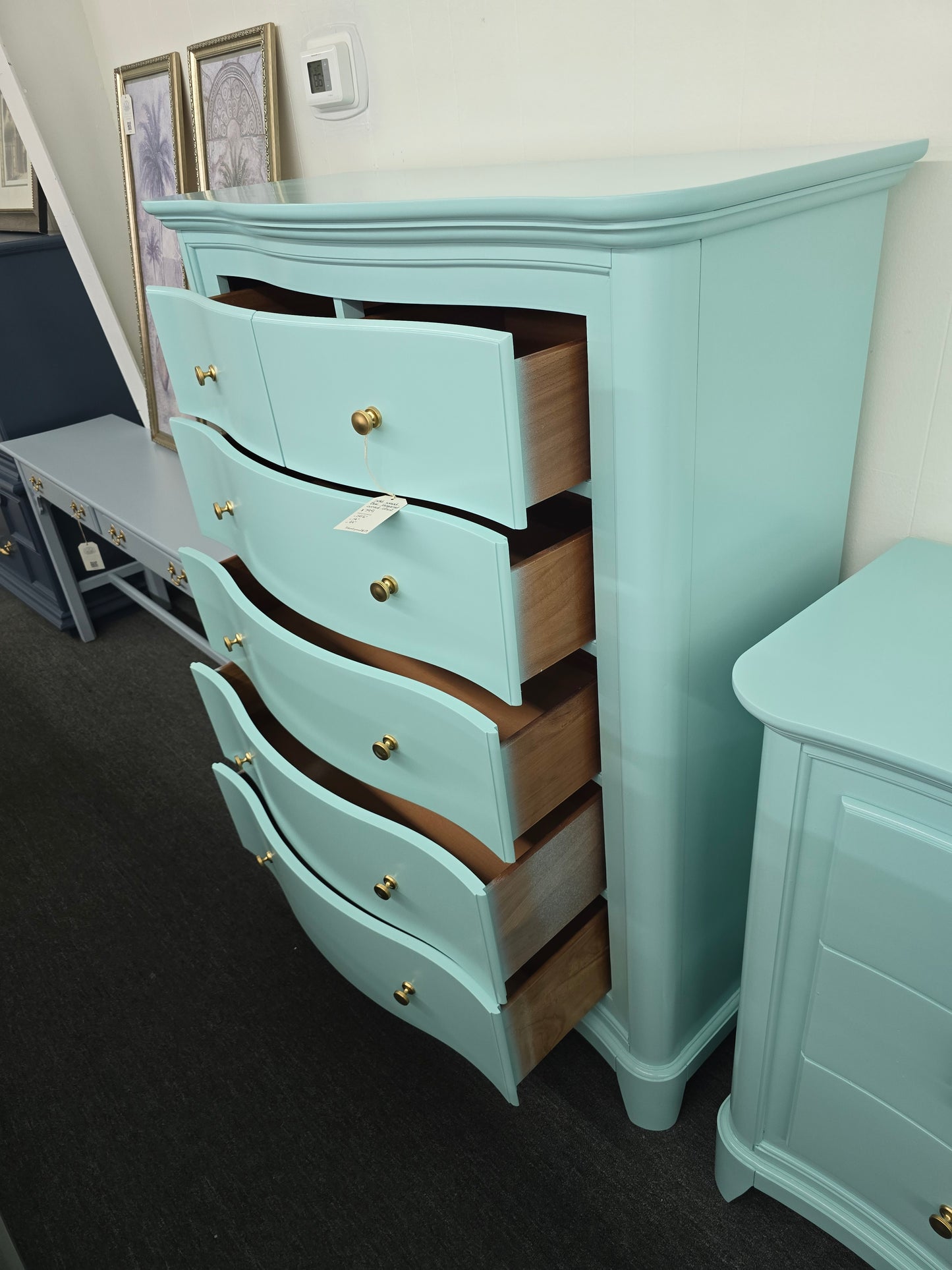 Solid wood blue Lacquered curved chest