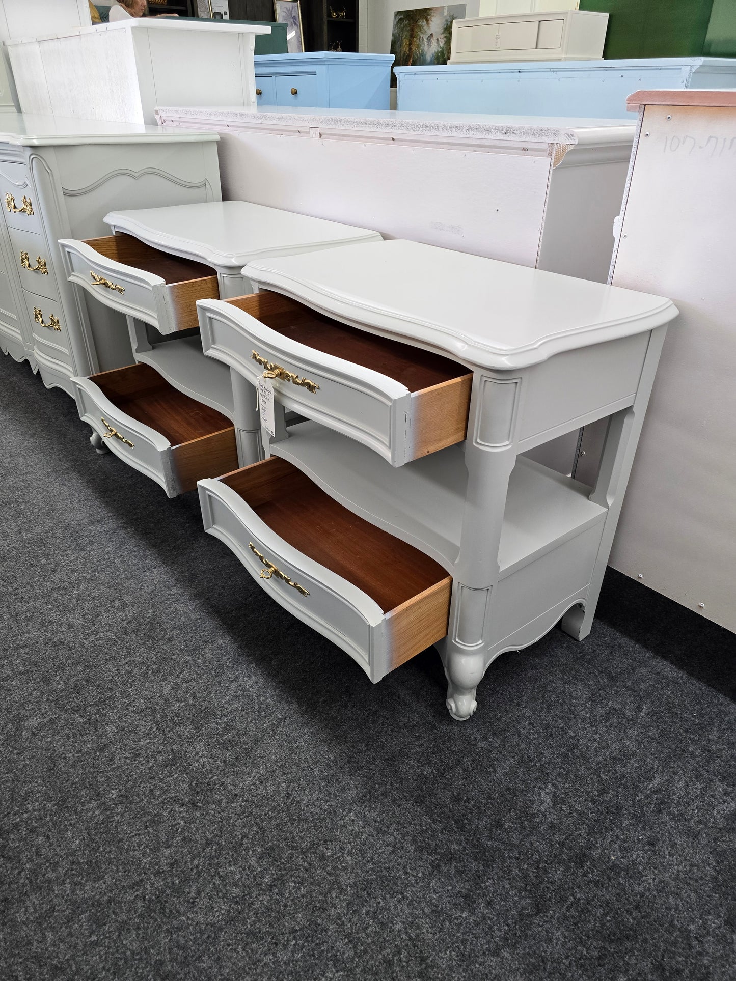 French provincial solid wood gray pair of nightstands