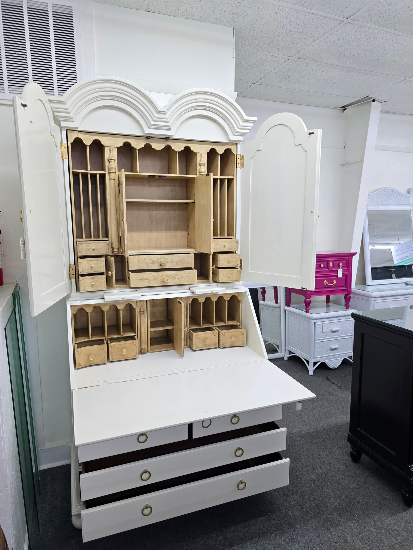 Off white lacquered tall secretary desk
