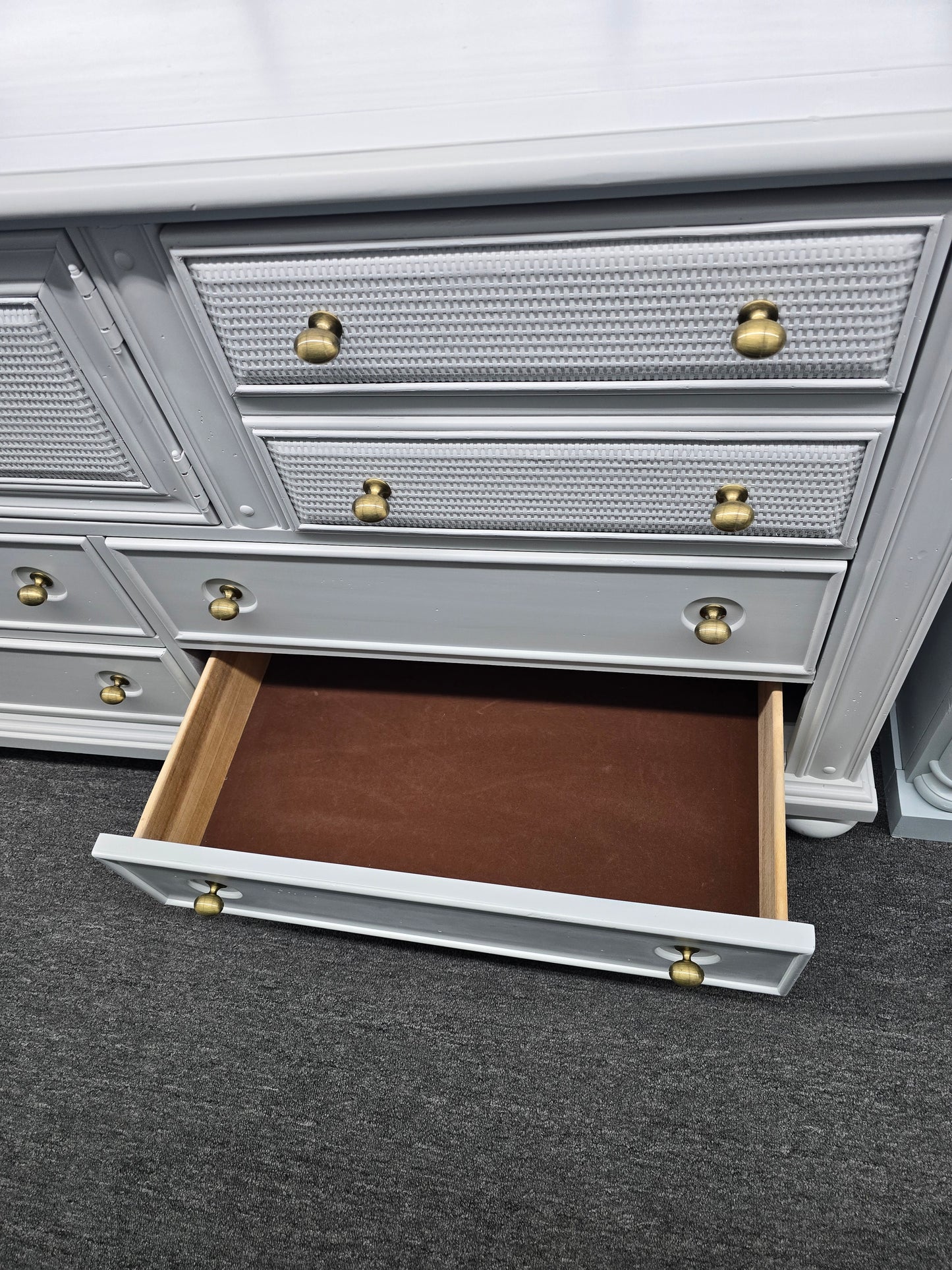 Beautiful gray dresser 6 drawers 1 door rattan drawers