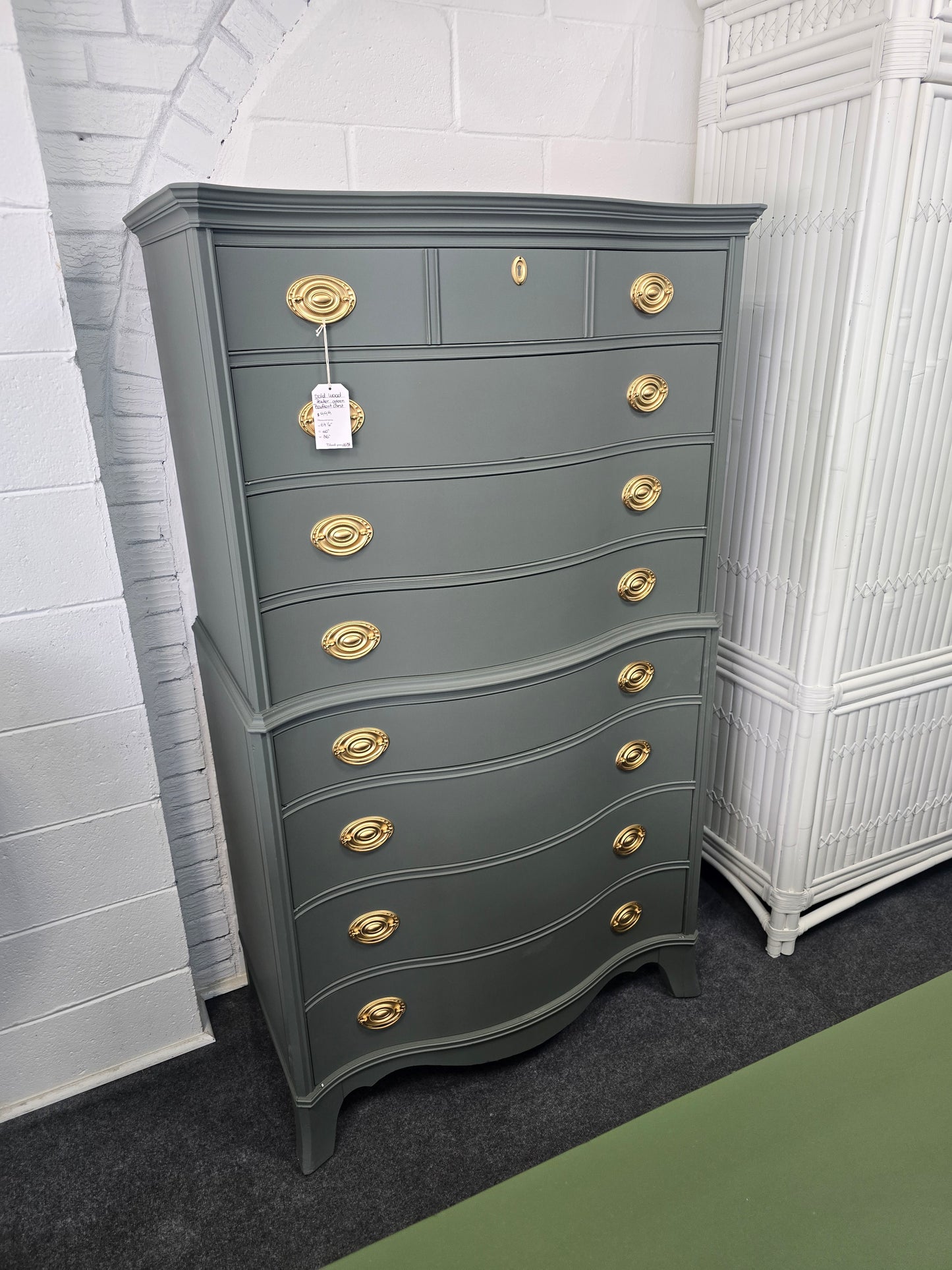 Pewter green serpentine tall chest