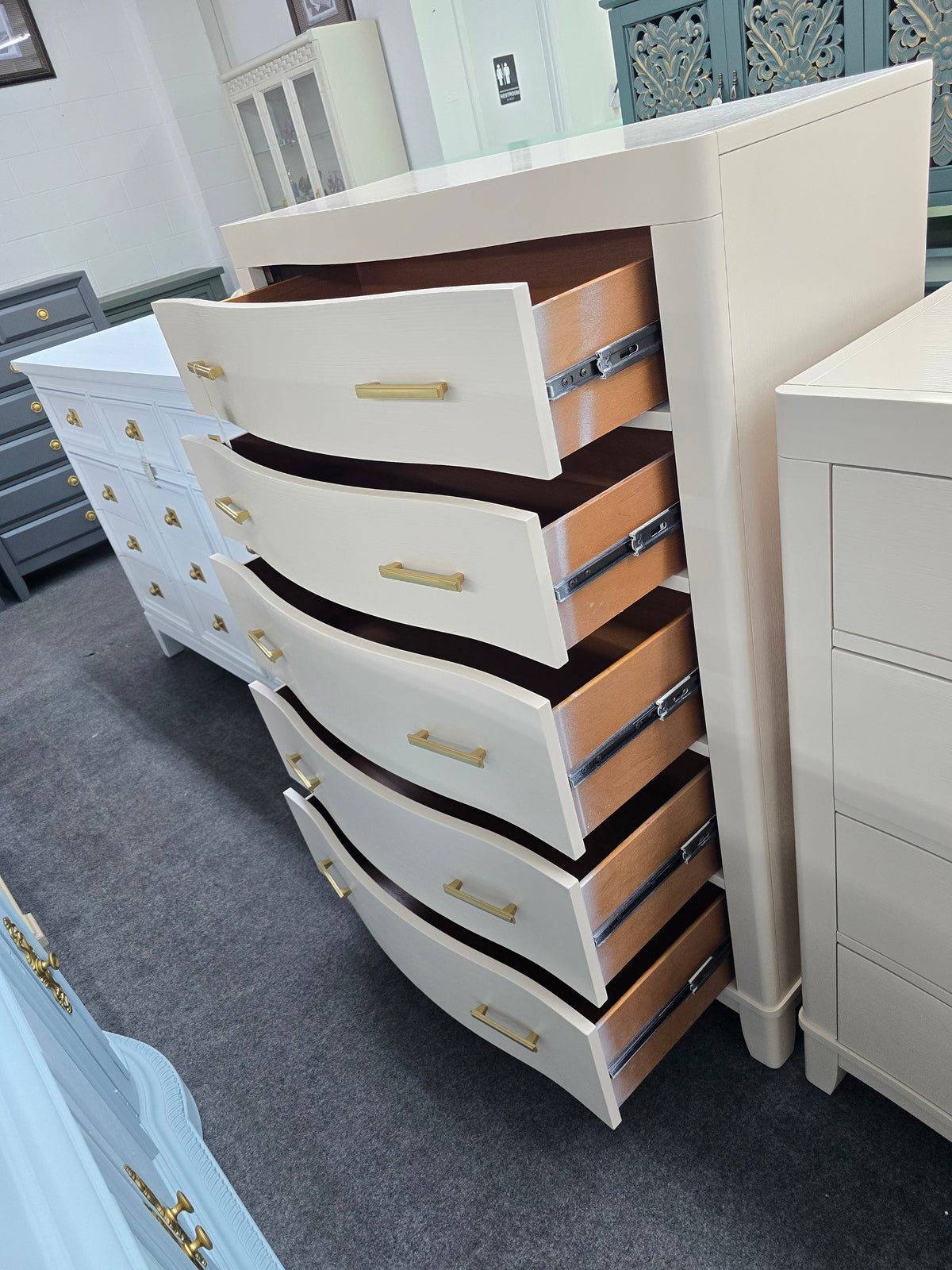 Cream lacquered bowfront chest