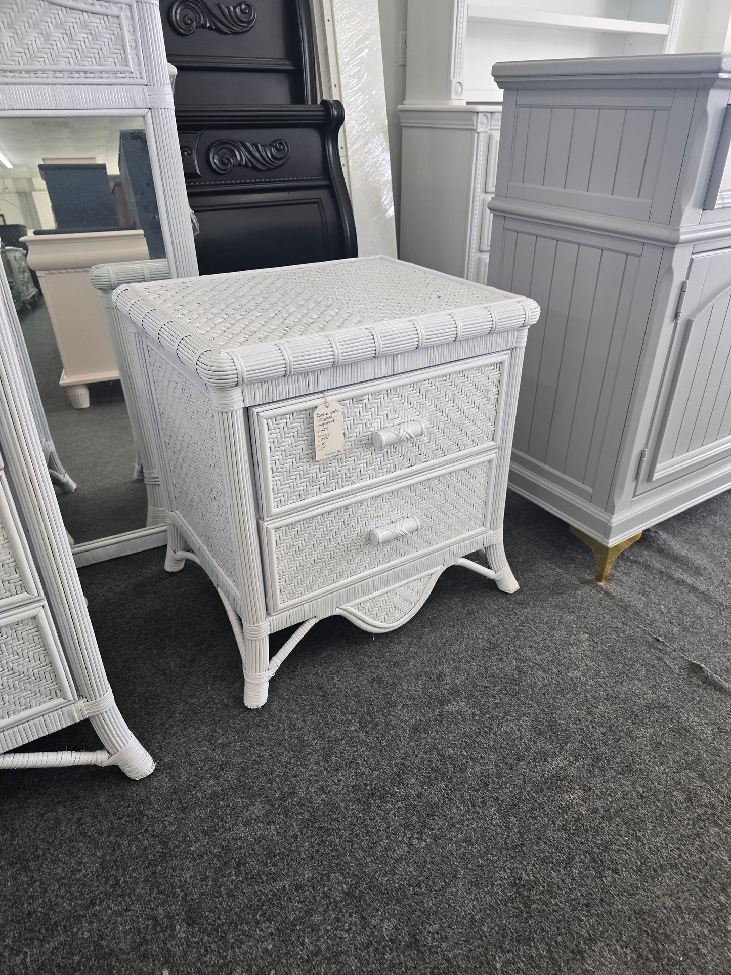 White lacquered bamboo & rattan nightstand