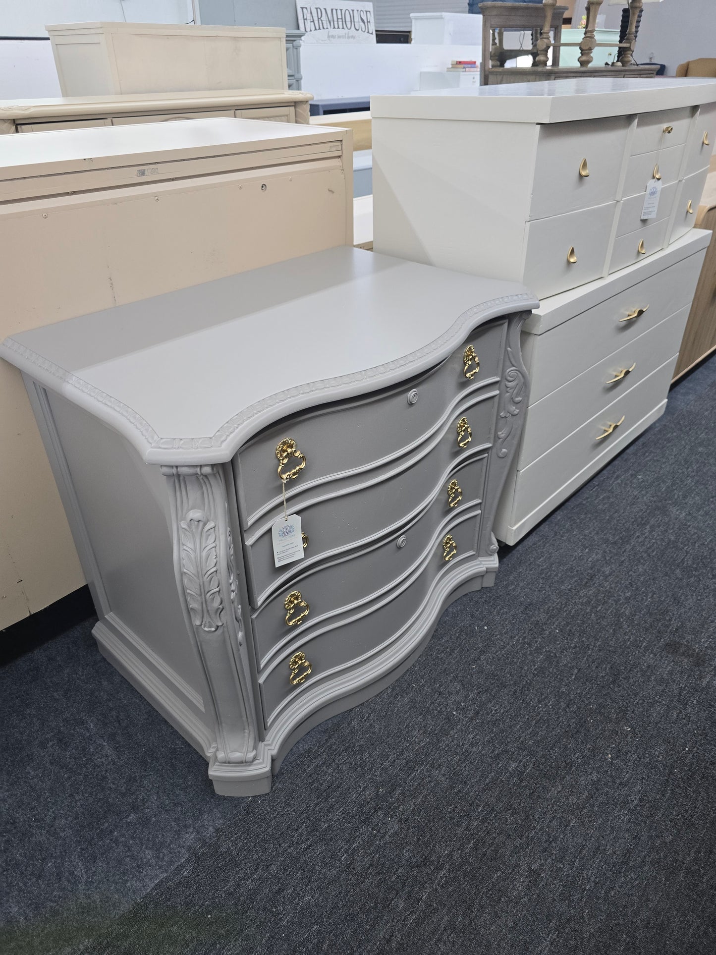 Light gray carved chest / file cabinet
