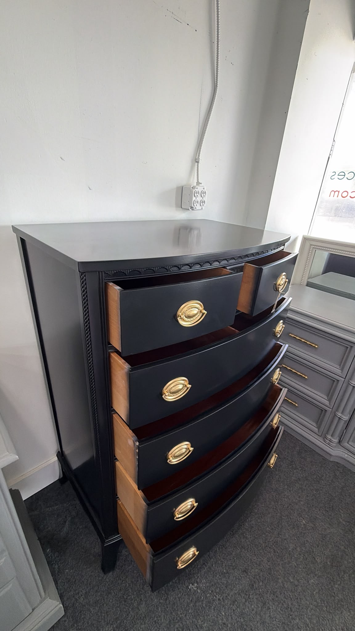 Solid wood bowfront black lacquered chest