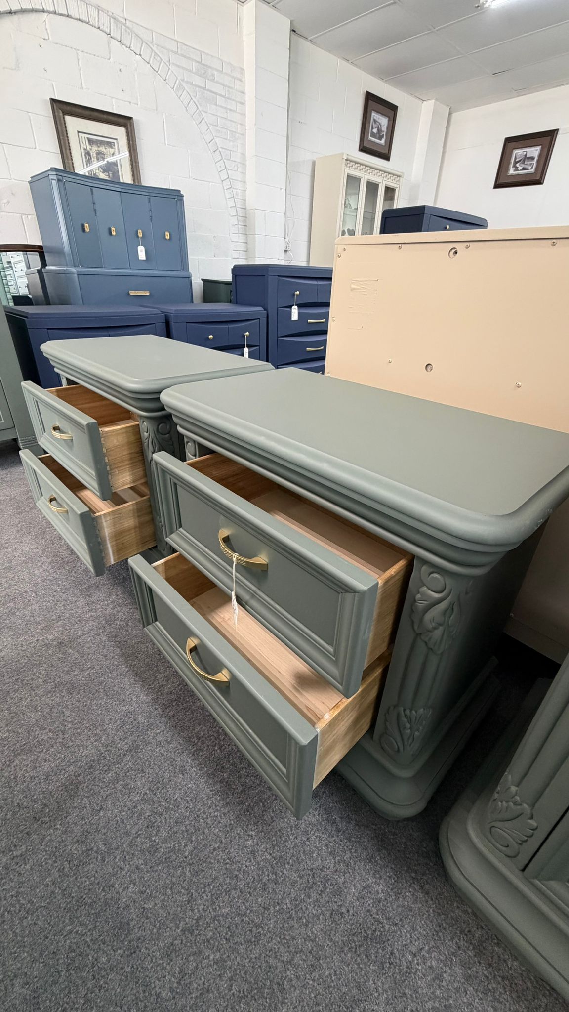 Pewter green pair of nightstands