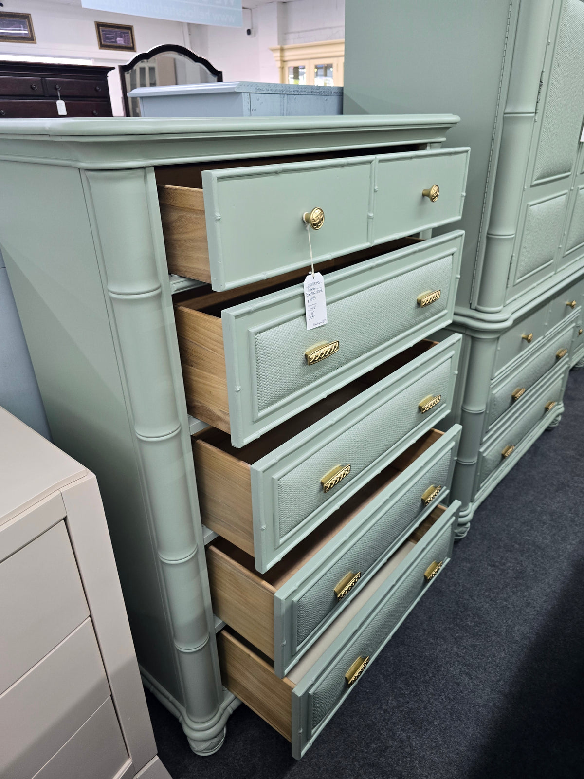 Havertys green bamboo chest