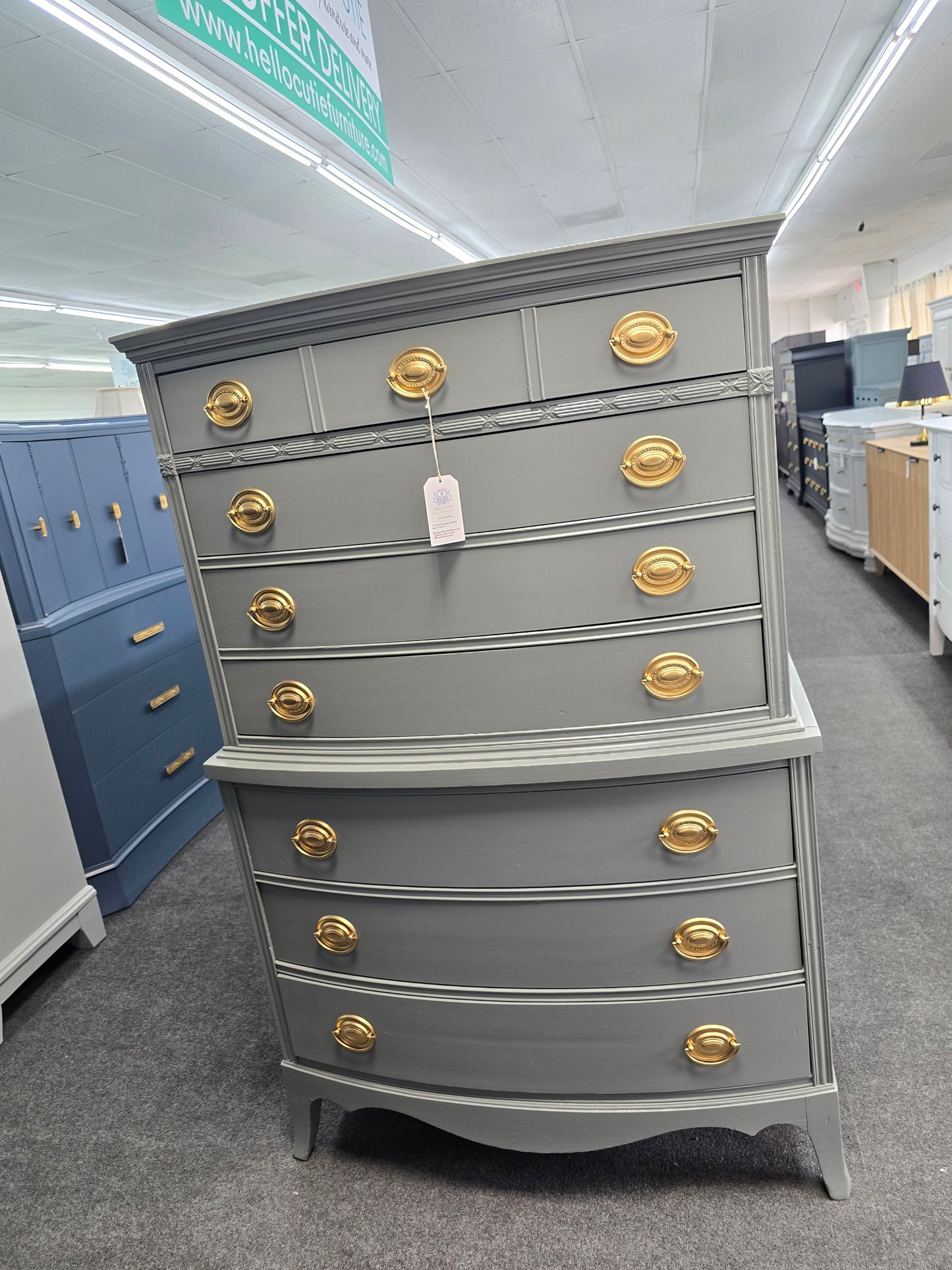 Solid wood bowfront gray greenish chest