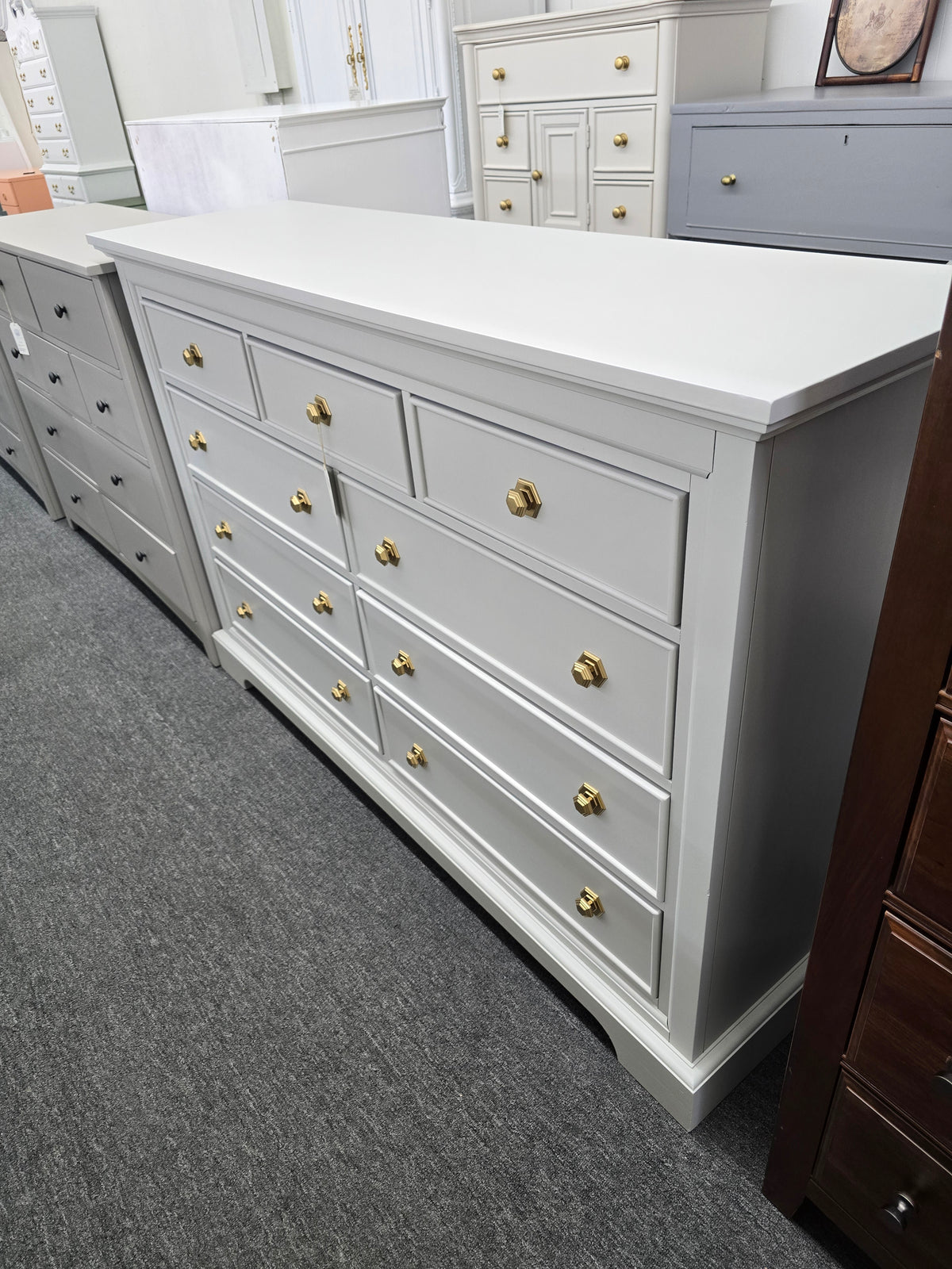 Light gray hexagon knobs dresser