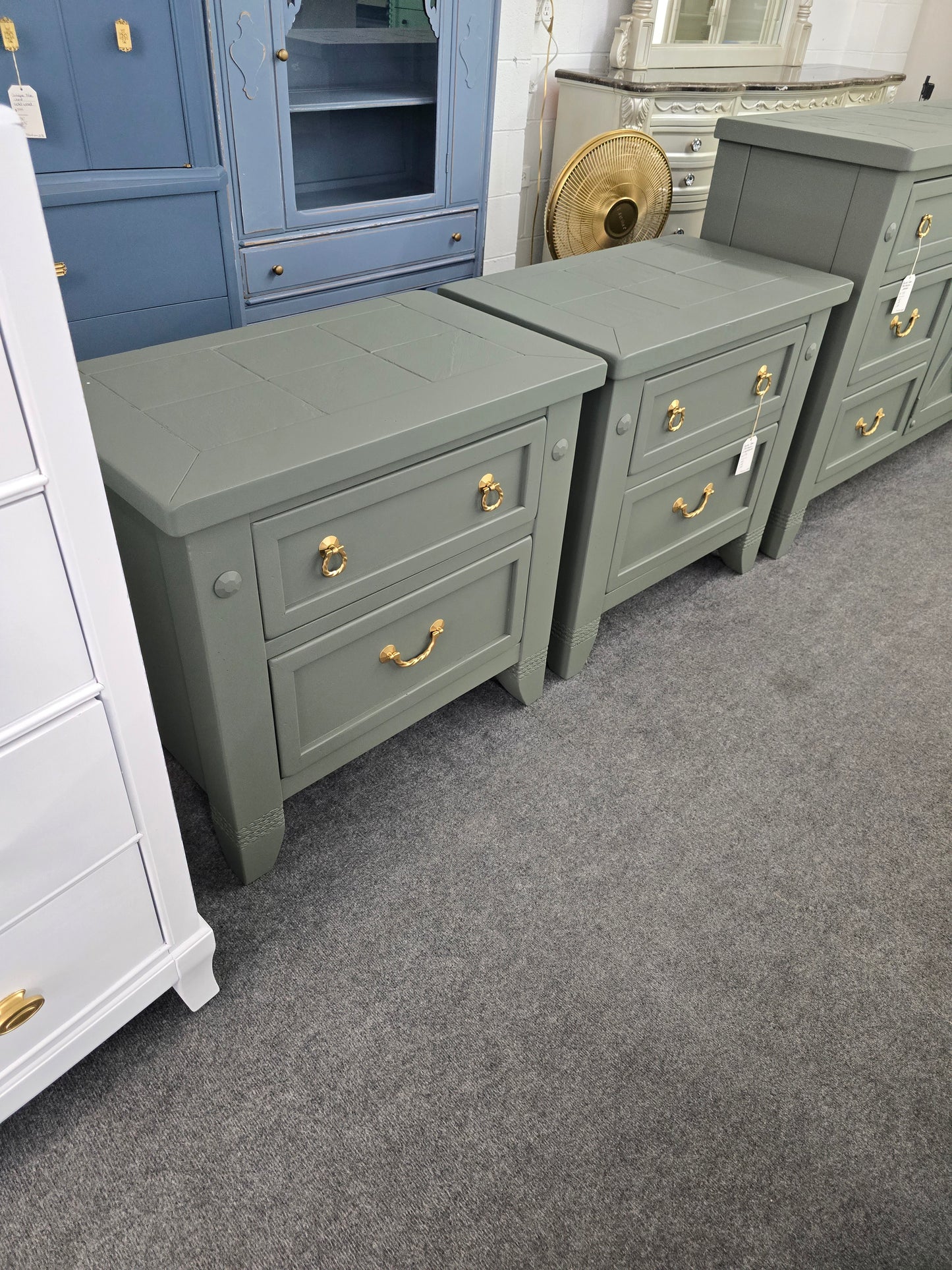 Pewter green farmhouse pair of nightstands