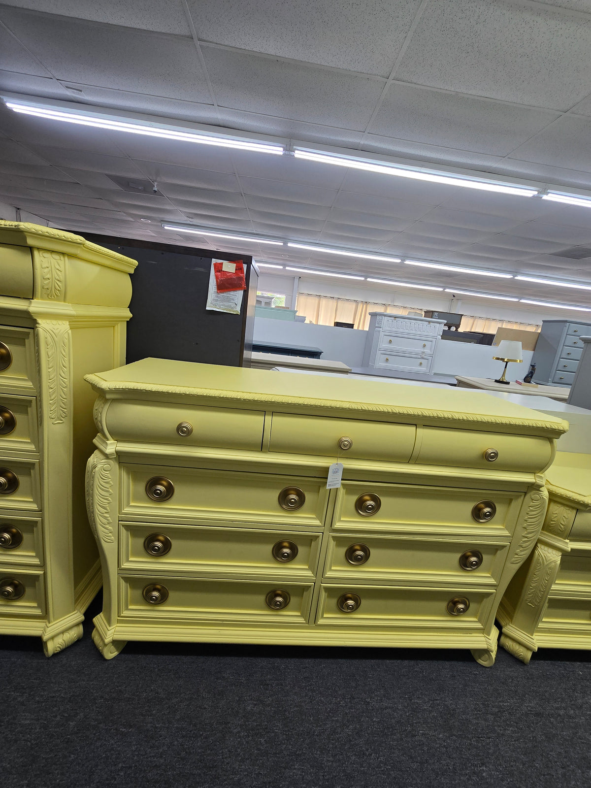 Cute soft yellow carved dresser