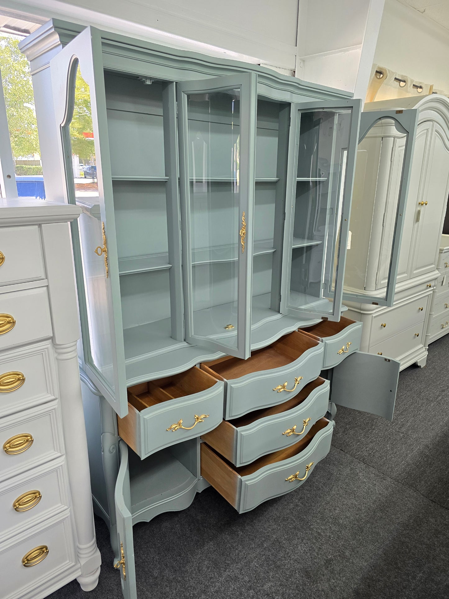 Solid wood teal french provincial china caninet