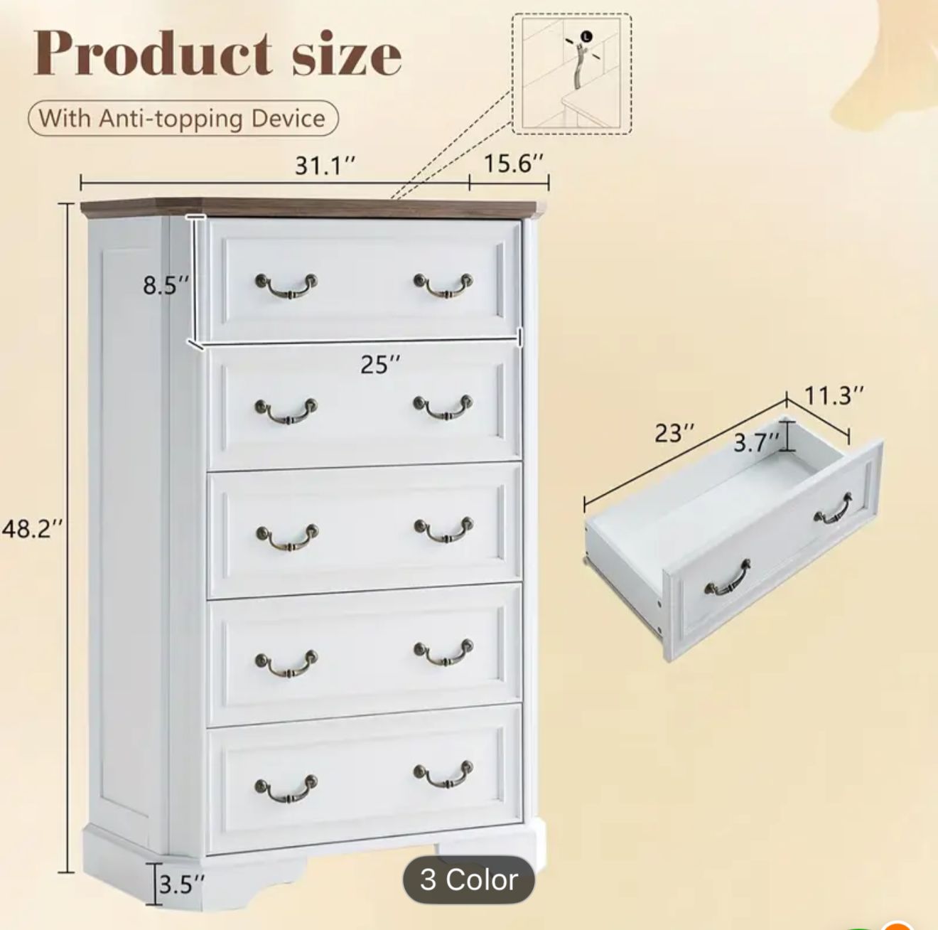 Farmhouse tall chest of drawers- white- new