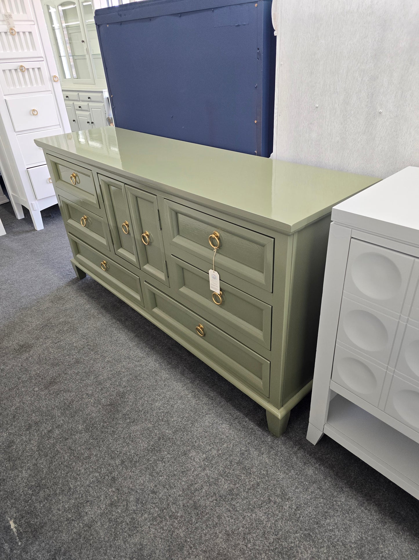 Solid wood plive green lacquered Rotta dresser