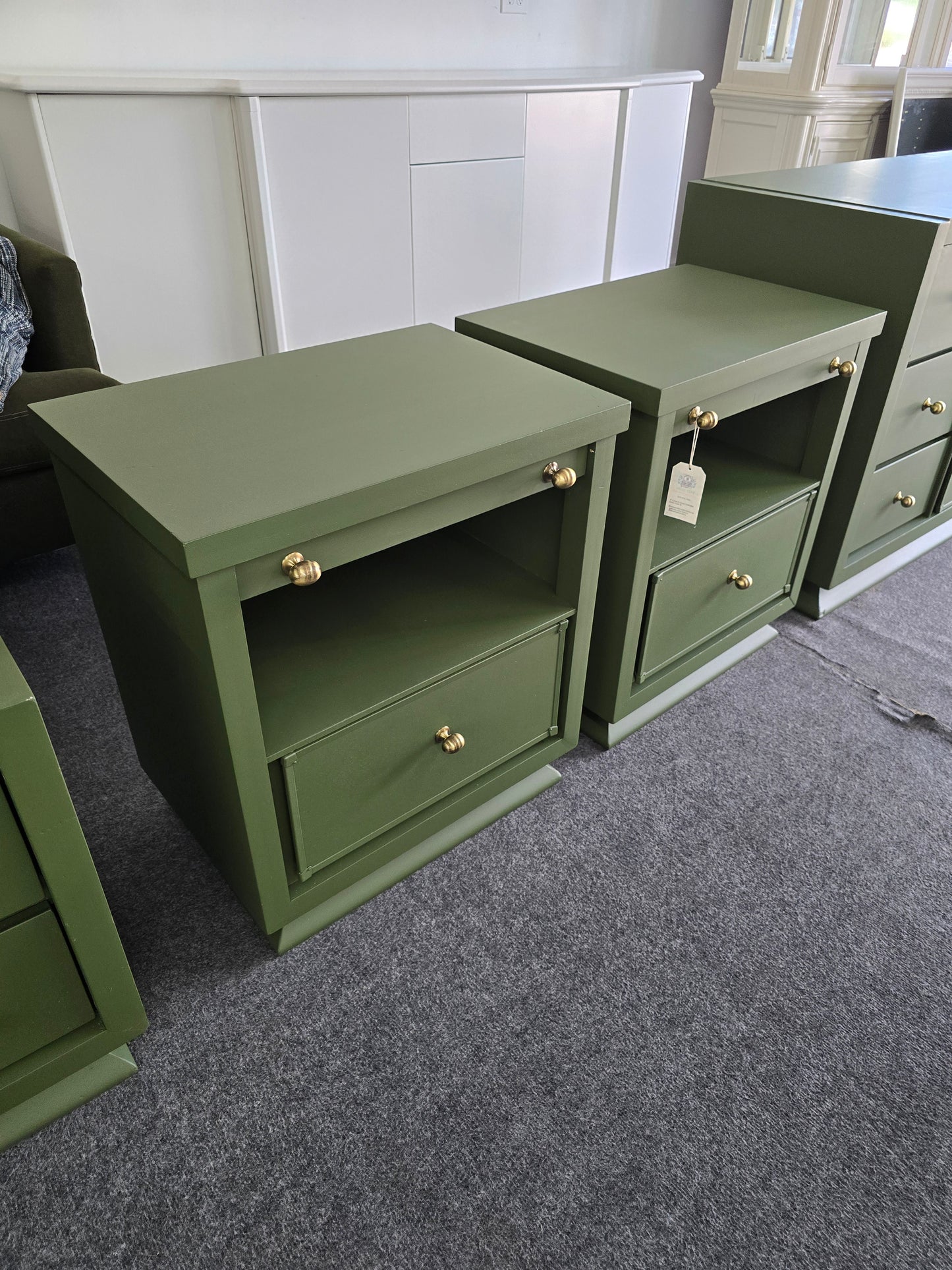 Solid wood MCM green pair of nightstands