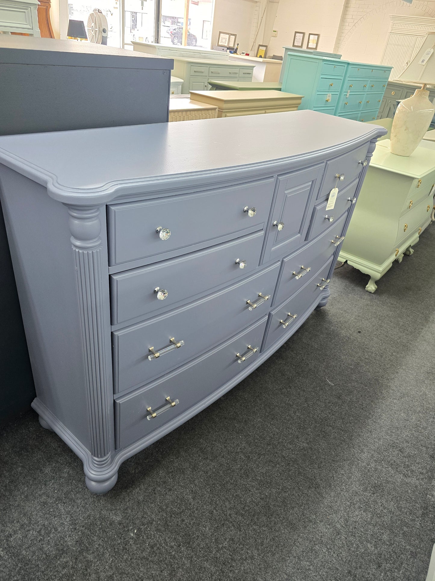 Blue gray bowfront dresser