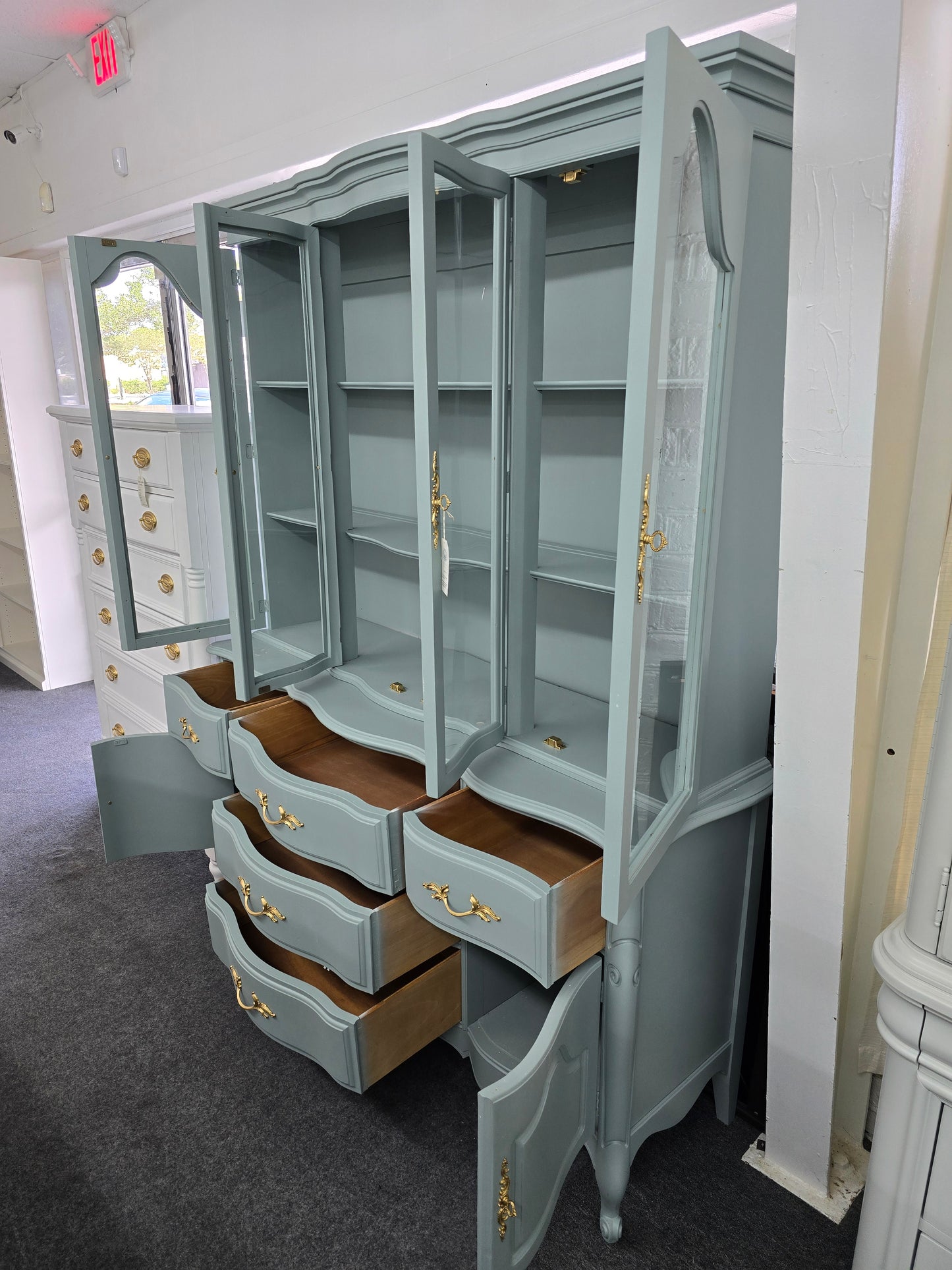 Solid wood teal french provincial china caninet