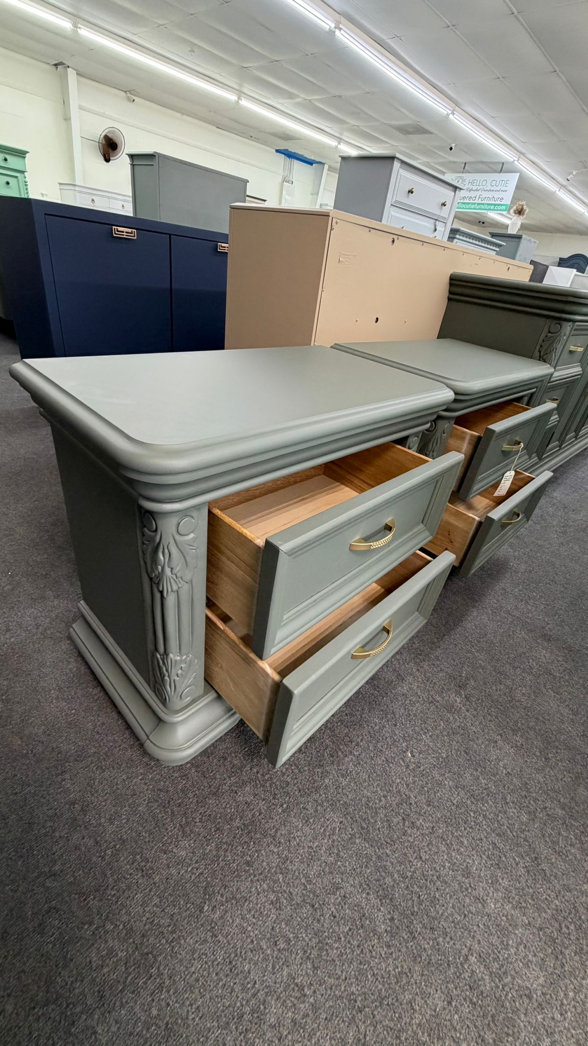 Pewter green pair of nightstands