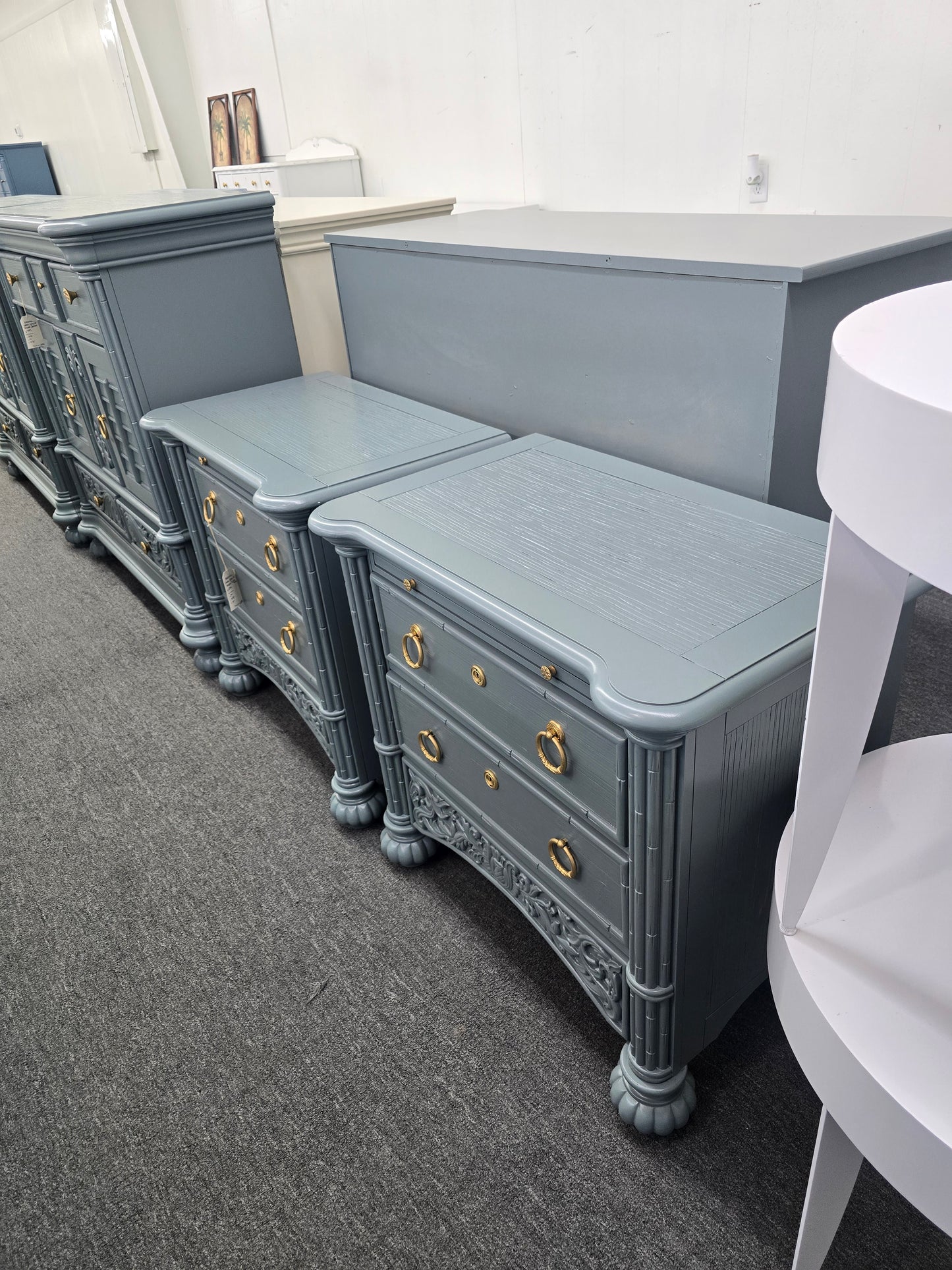 Broyhill bamboo green gray lacquered pair of nightstands