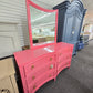Pink lacquered 6 drawers dresser with mirror