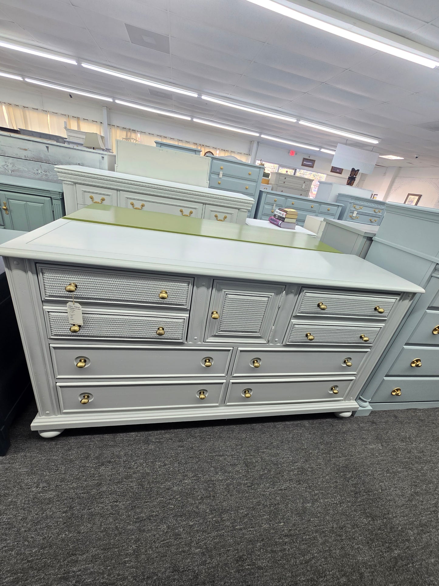 Beautiful gray dresser 6 drawers 1 door rattan drawers
