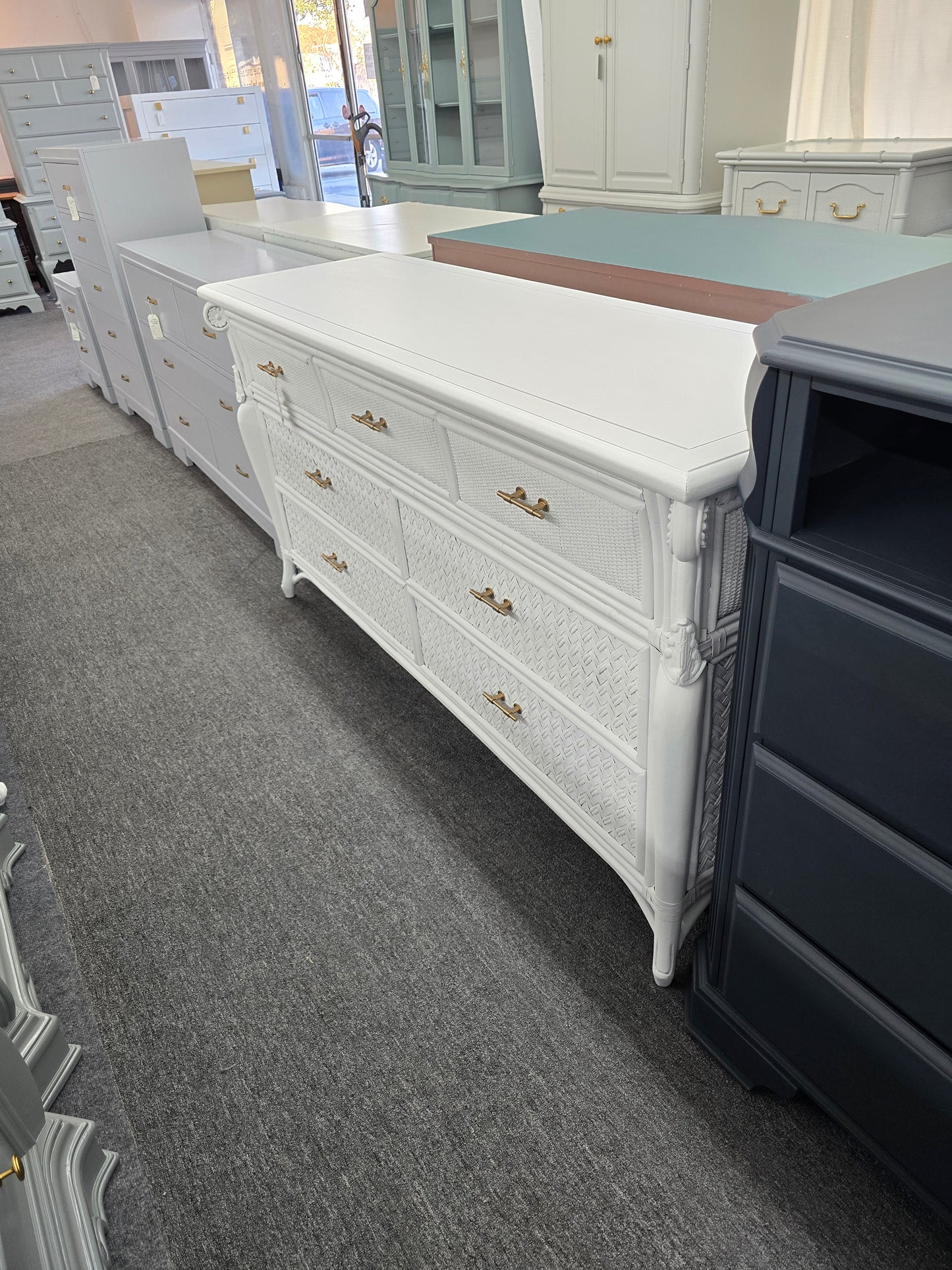 Solid wood and rattan white dresser