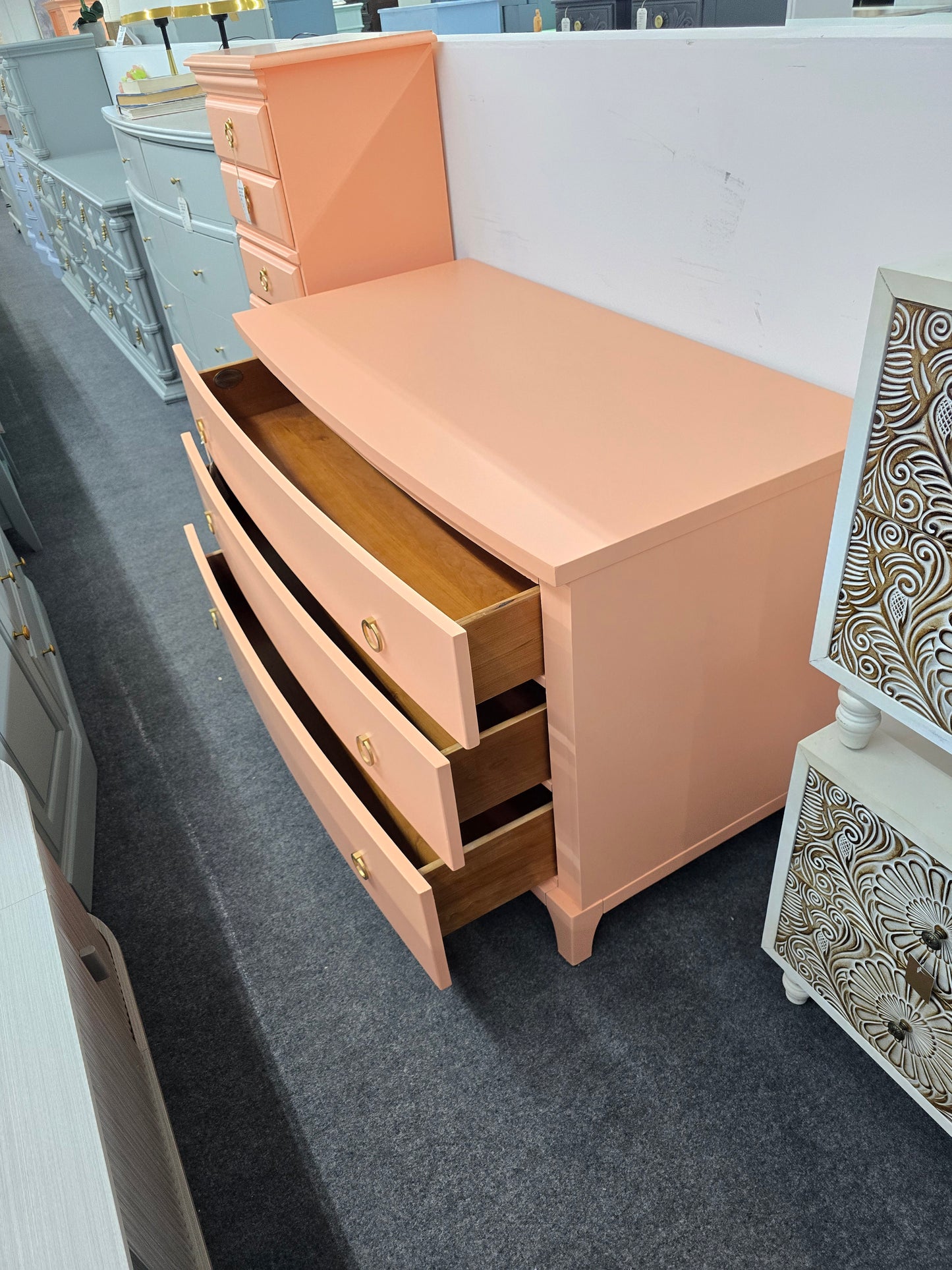 Forbidden City soft orange lacquered dresser