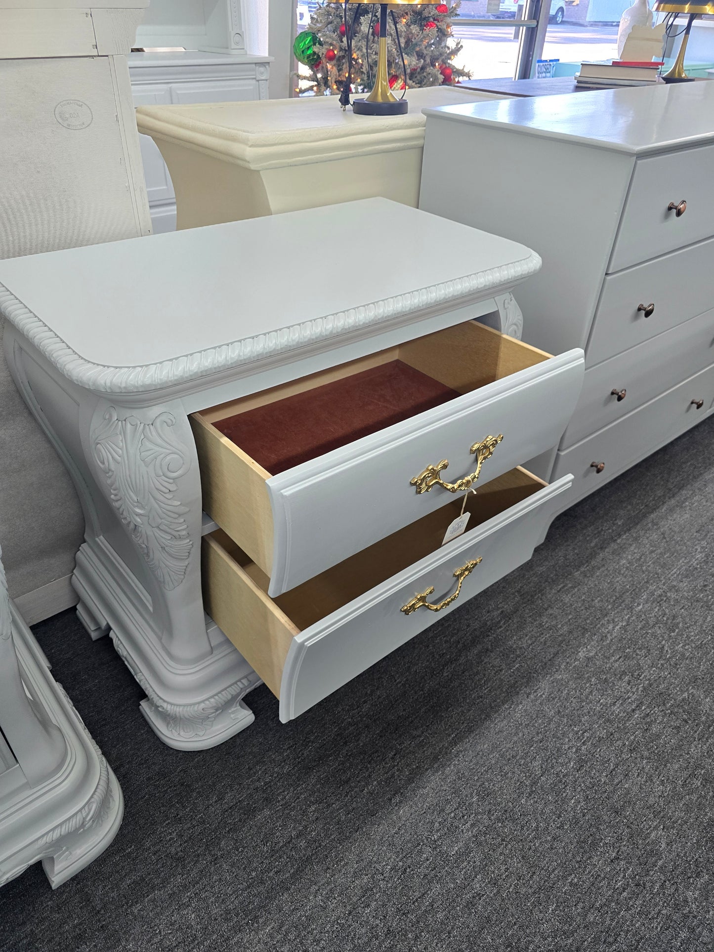 Gorgeous carved gray nightstand