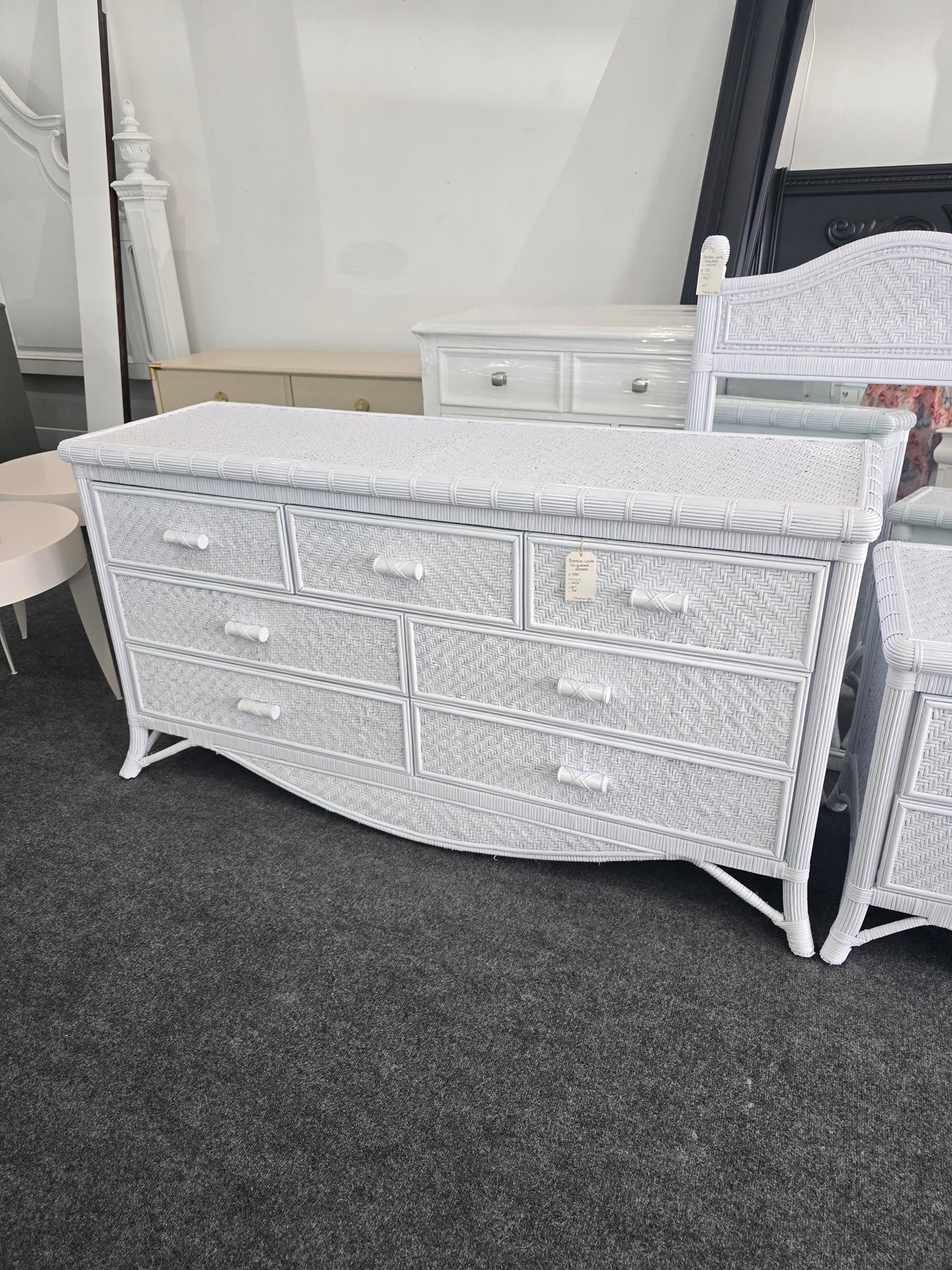 White lacquered bamboo & rattan dresser