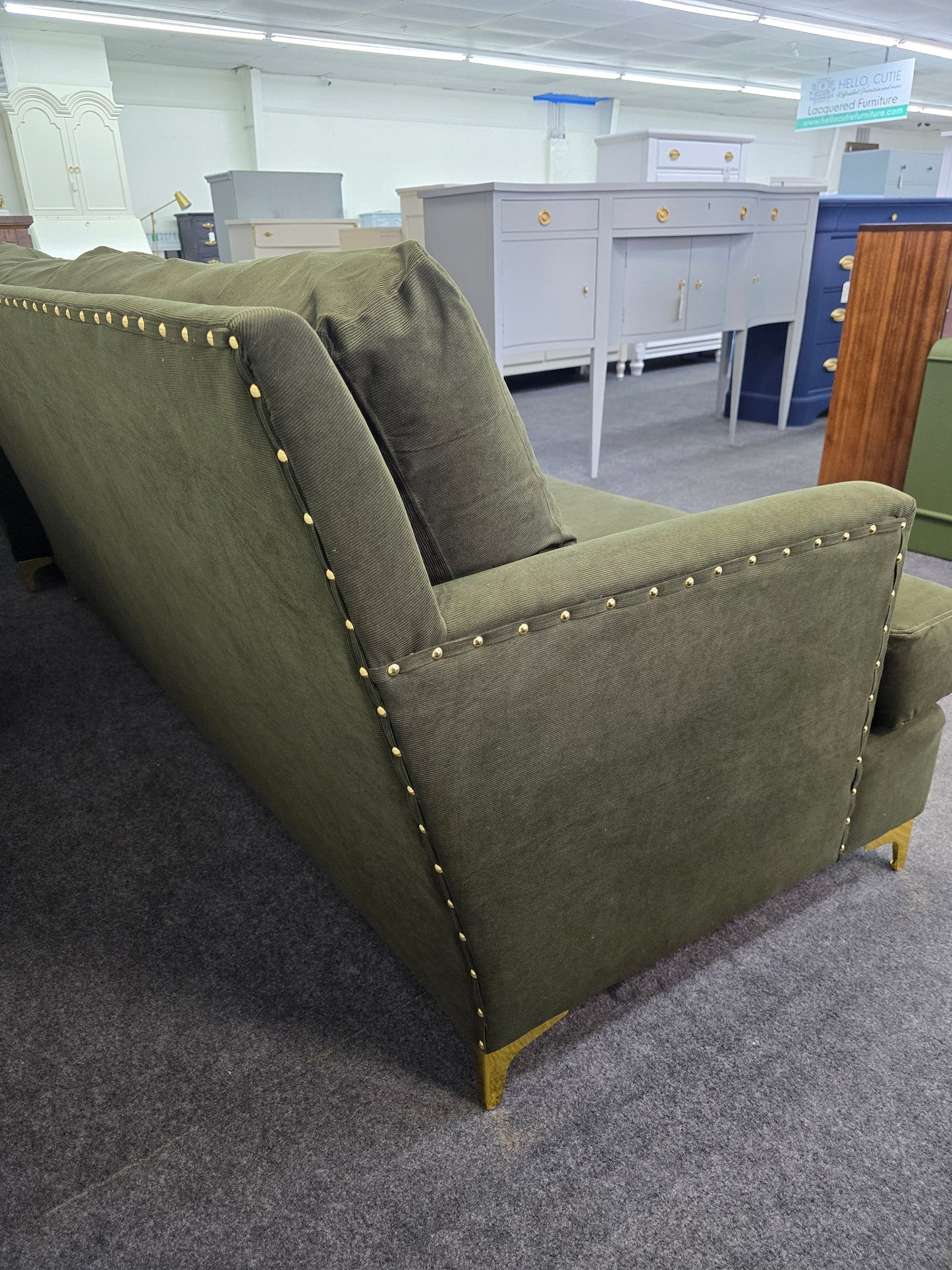 Olive green re upholstered sofa