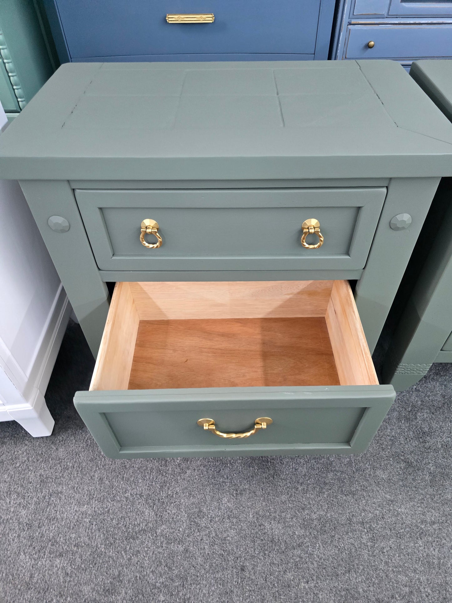 Pewter green farmhouse pair of nightstands