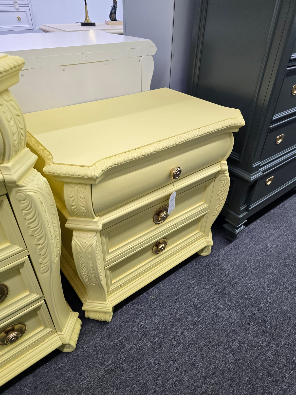 Cute carved soft yellow nightstand
