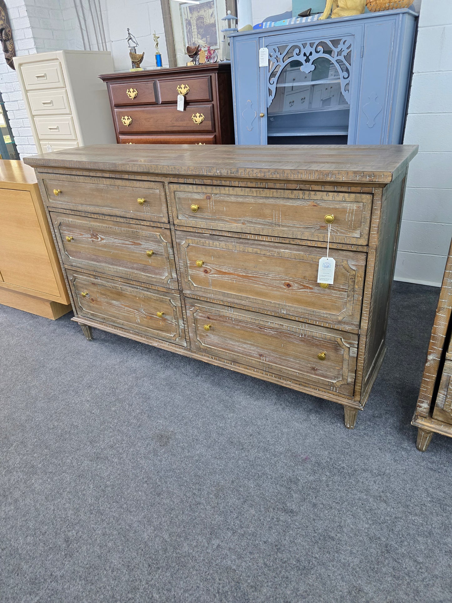 Rustic wood washed 6 drawers dresser