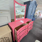 Pink lacquered 6 drawers dresser with mirror