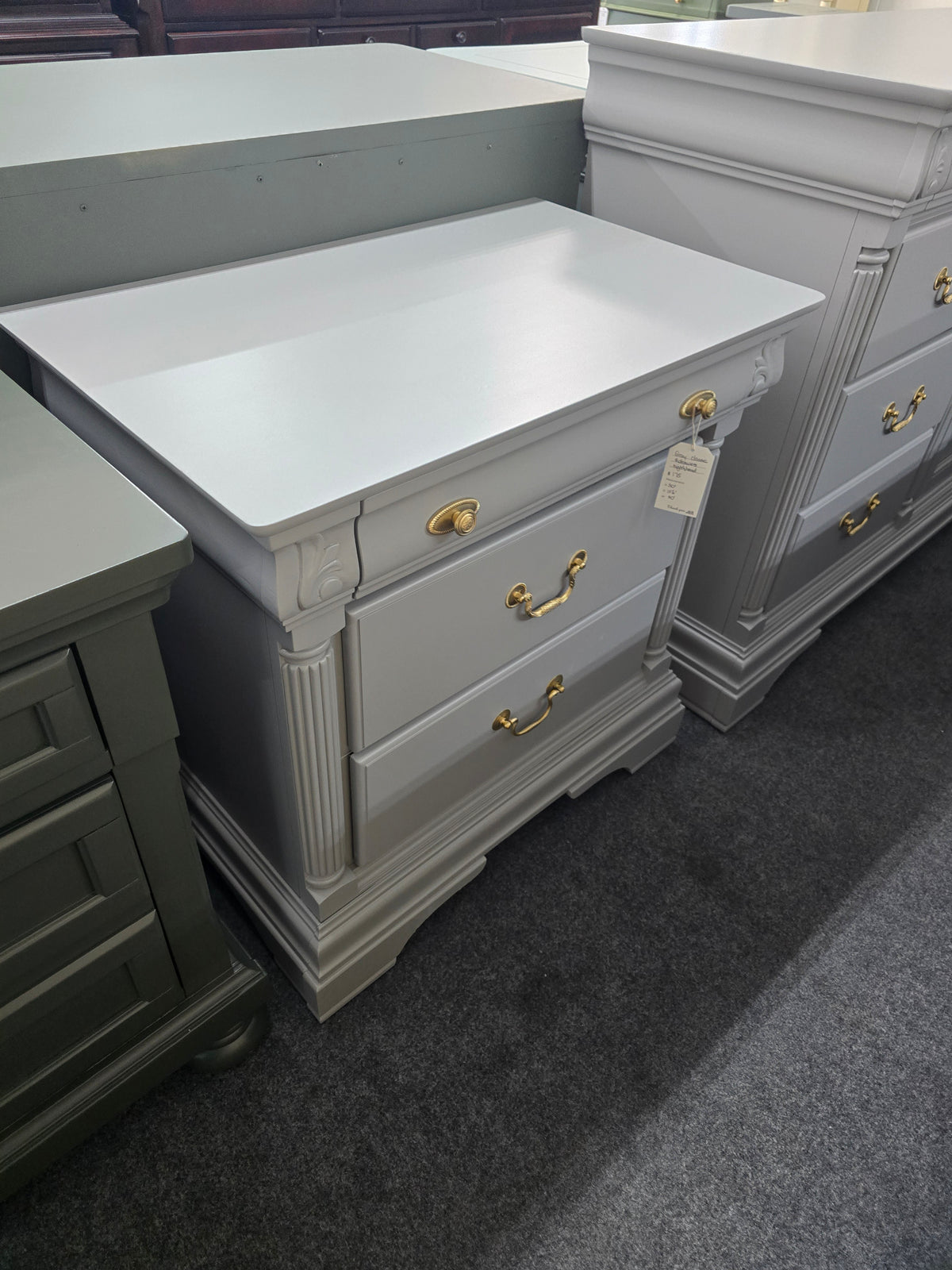Solid wood 3 drawers gray nightstand