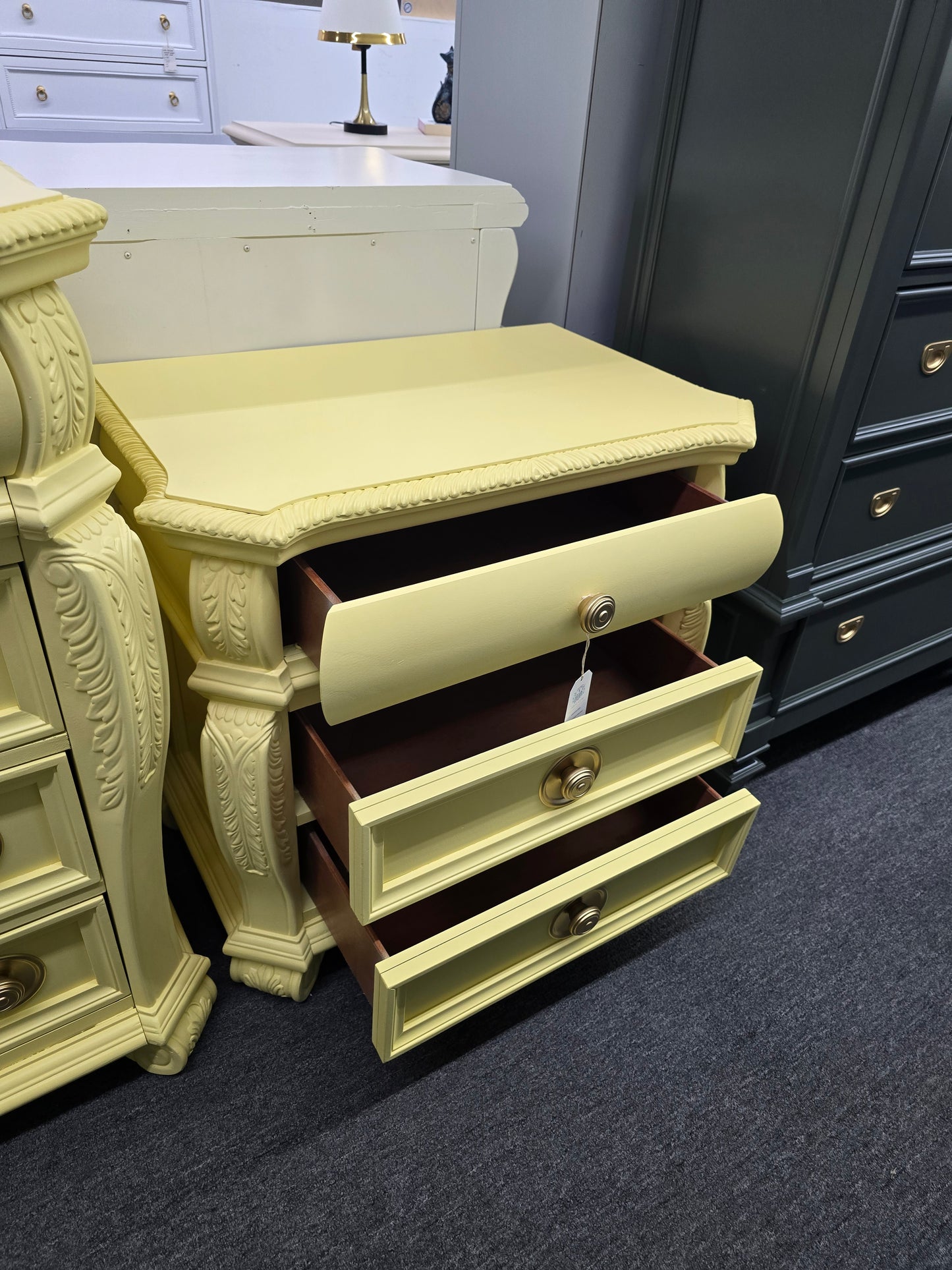 Cute carved soft yellow nightstand