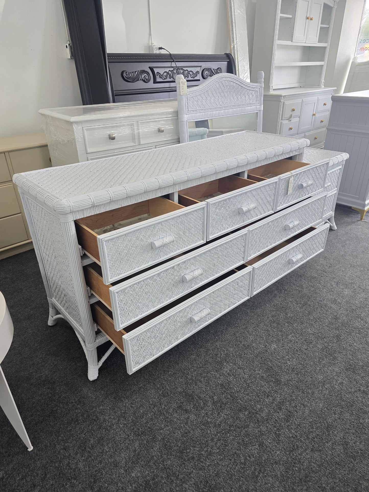 White lacquered bamboo & rattan dresser