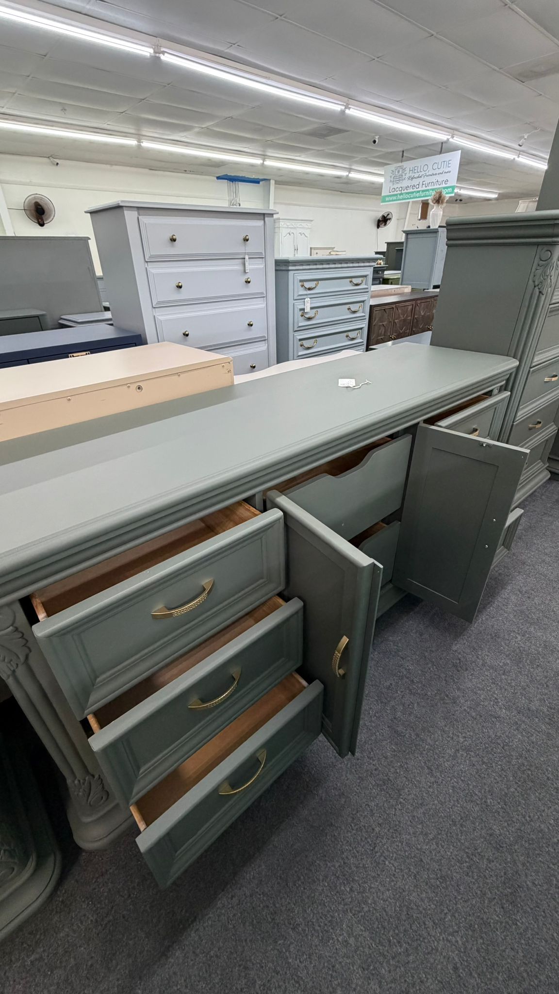 Pewter green carved long dresser