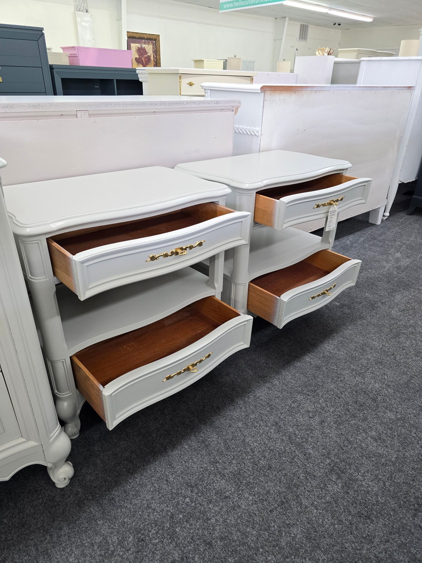French provincial solid wood gray pair of nightstands