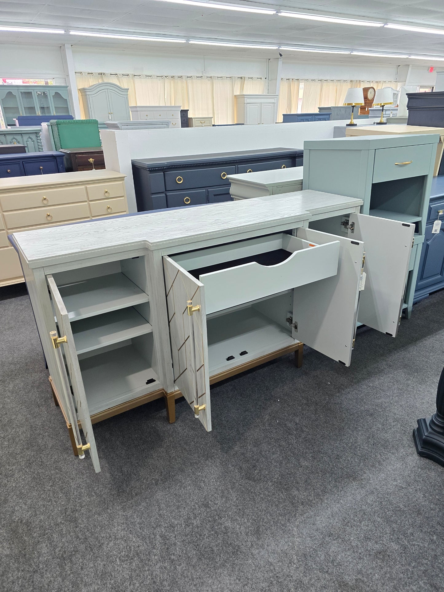 Gorgeous green washed and gold credenza