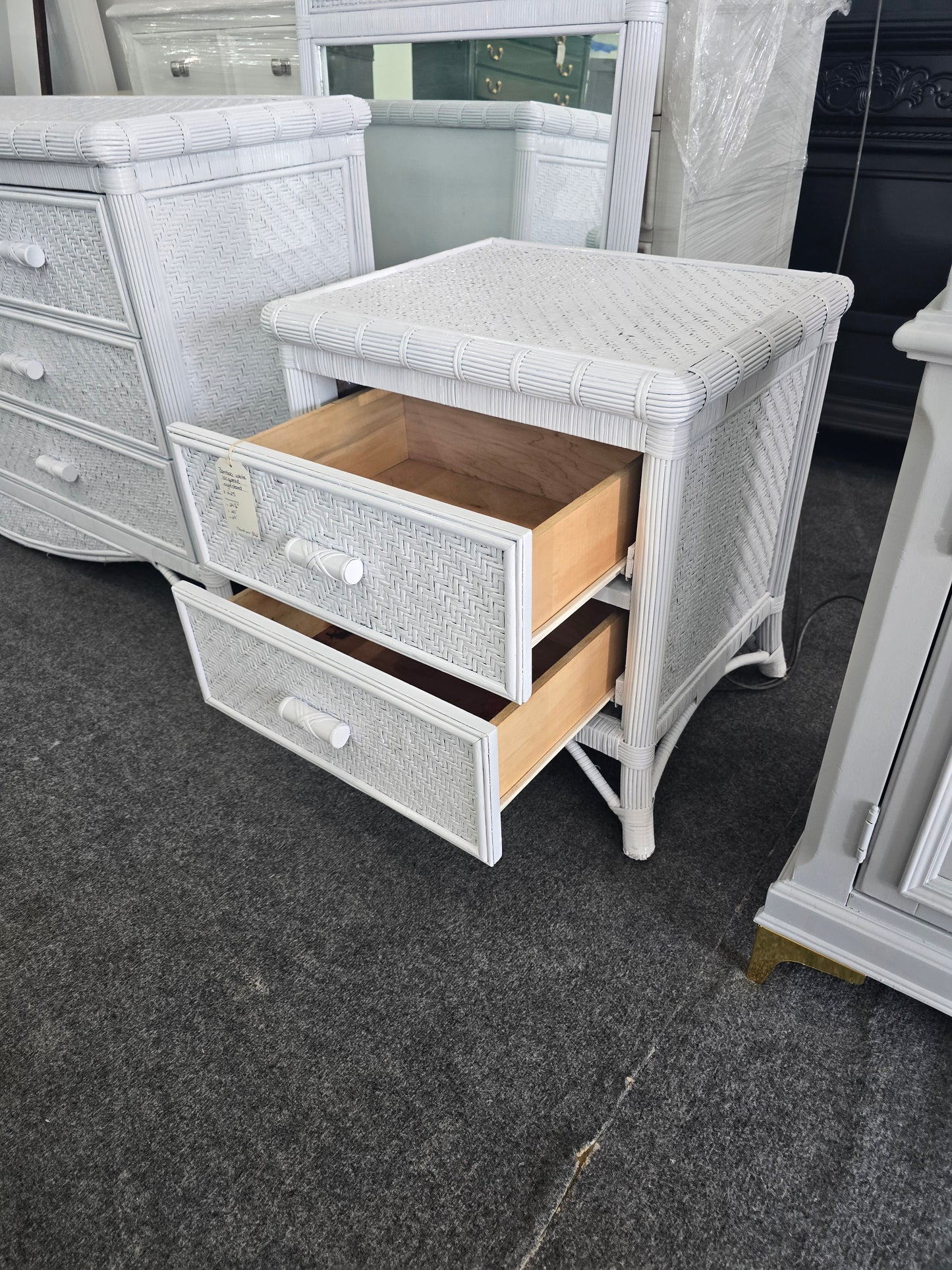 White lacquered bamboo & rattan nightstand