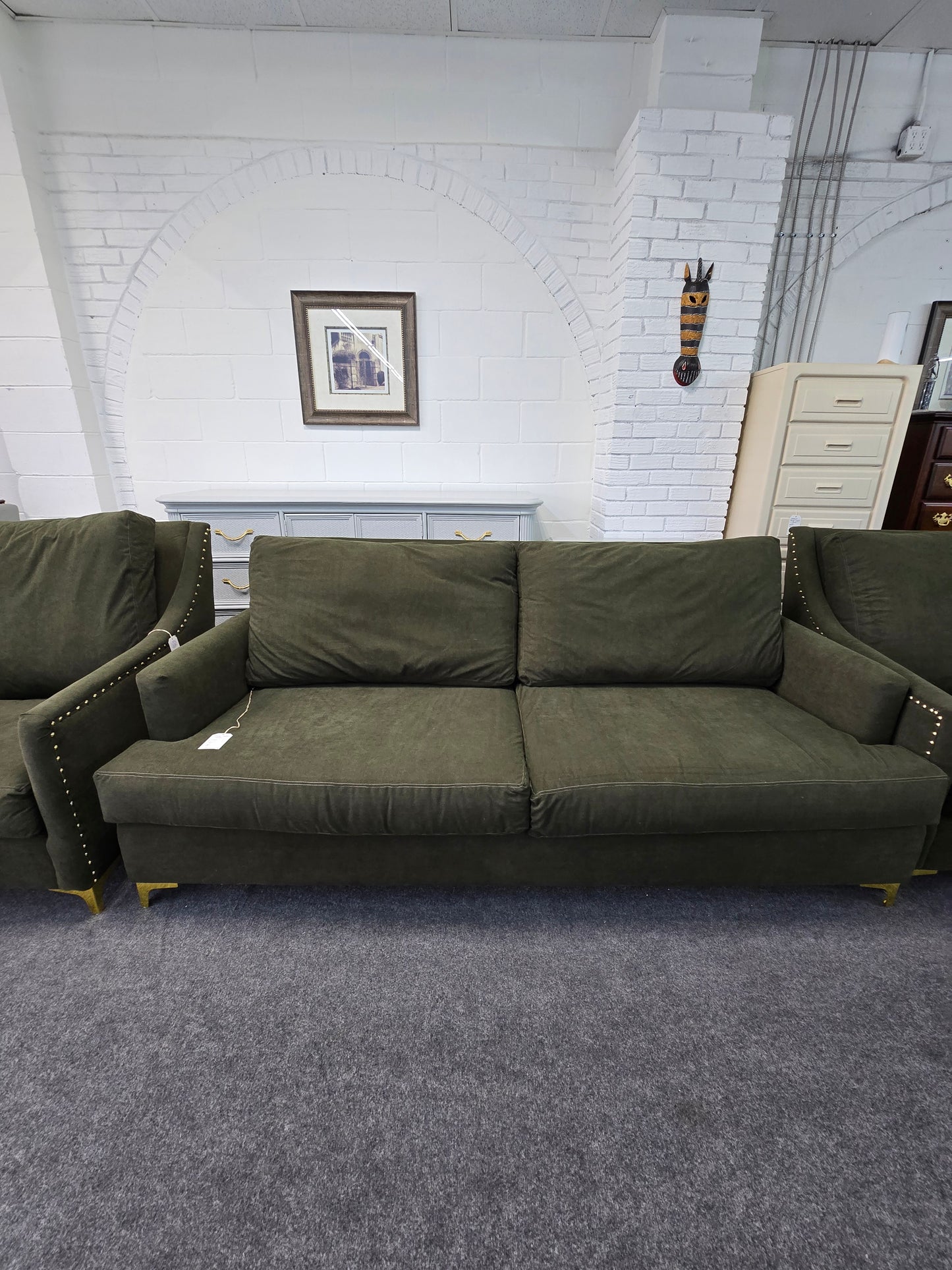 Olive green re upholstered sofa