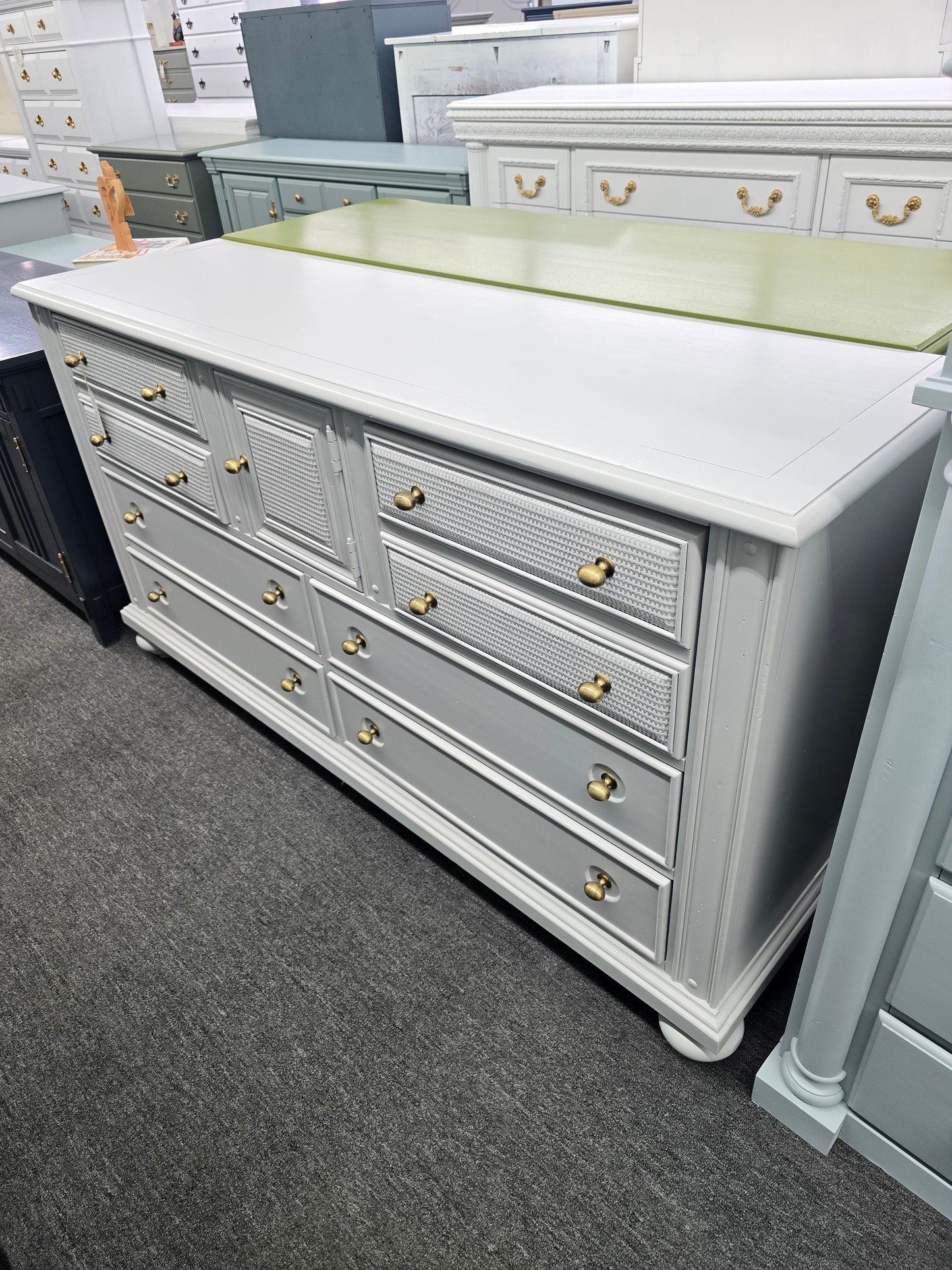 Beautiful gray dresser 6 drawers 1 door rattan drawers