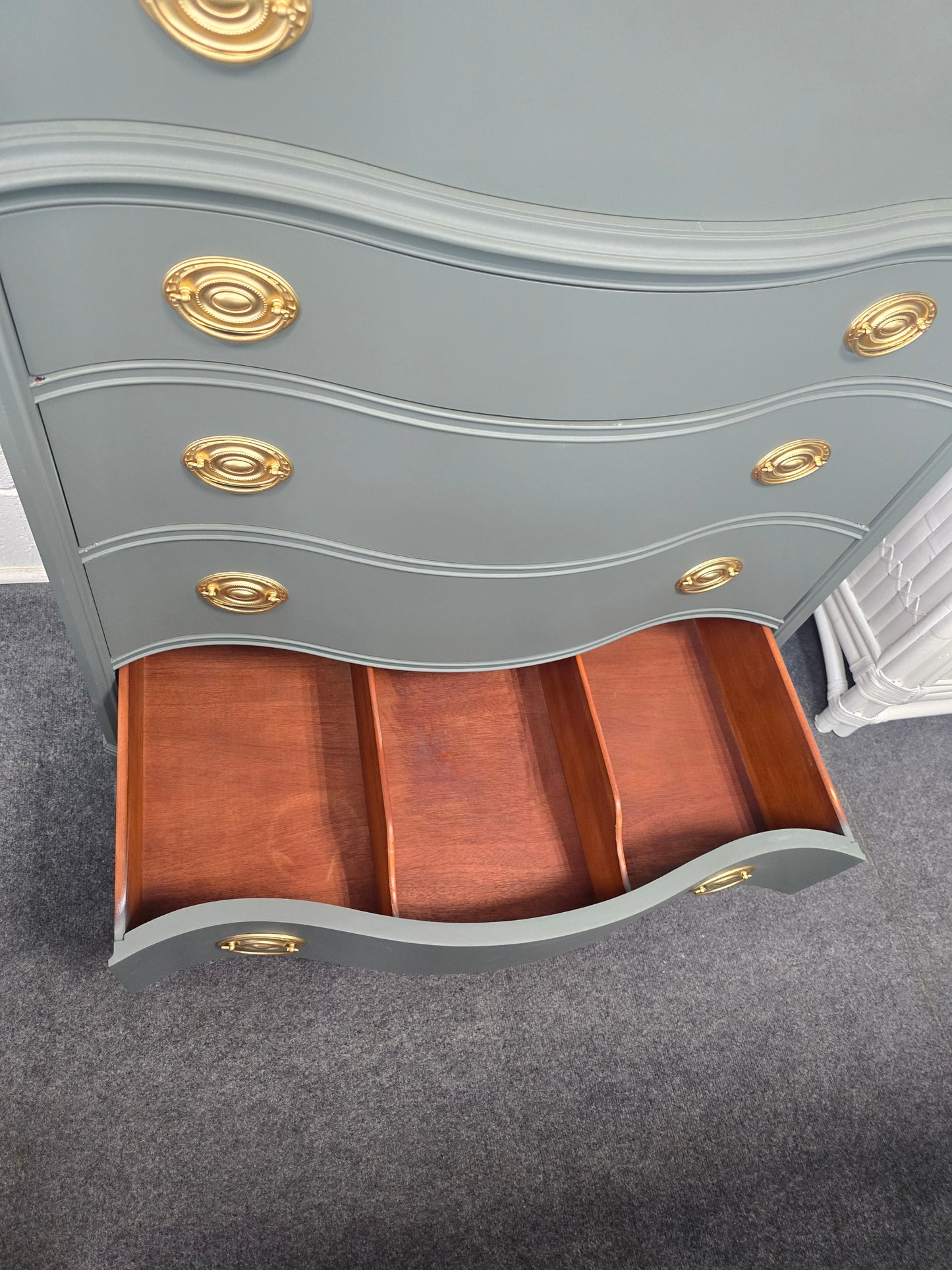 Pewter green serpentine tall chest