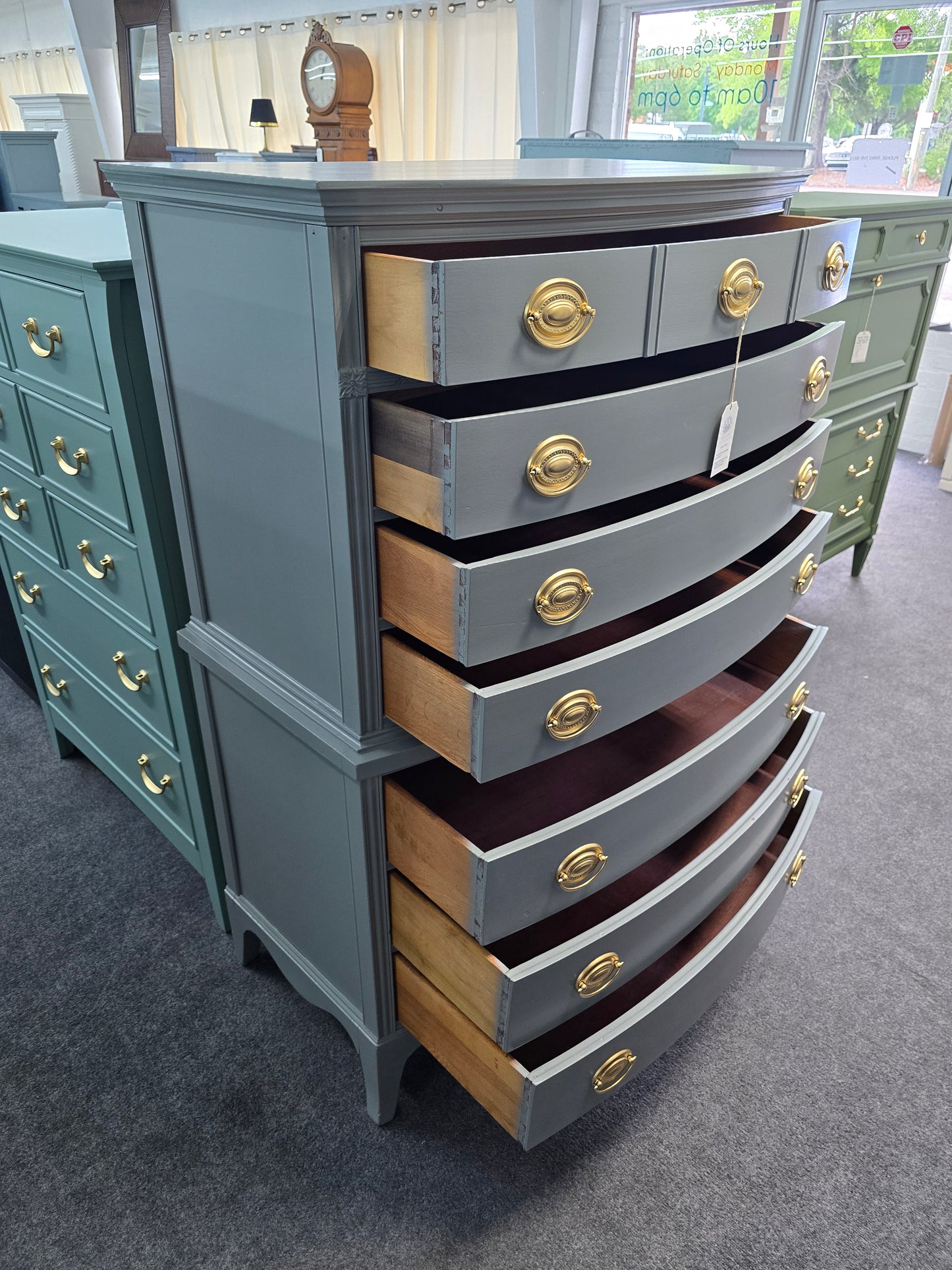 Solid wood bowfront gray greenish chest